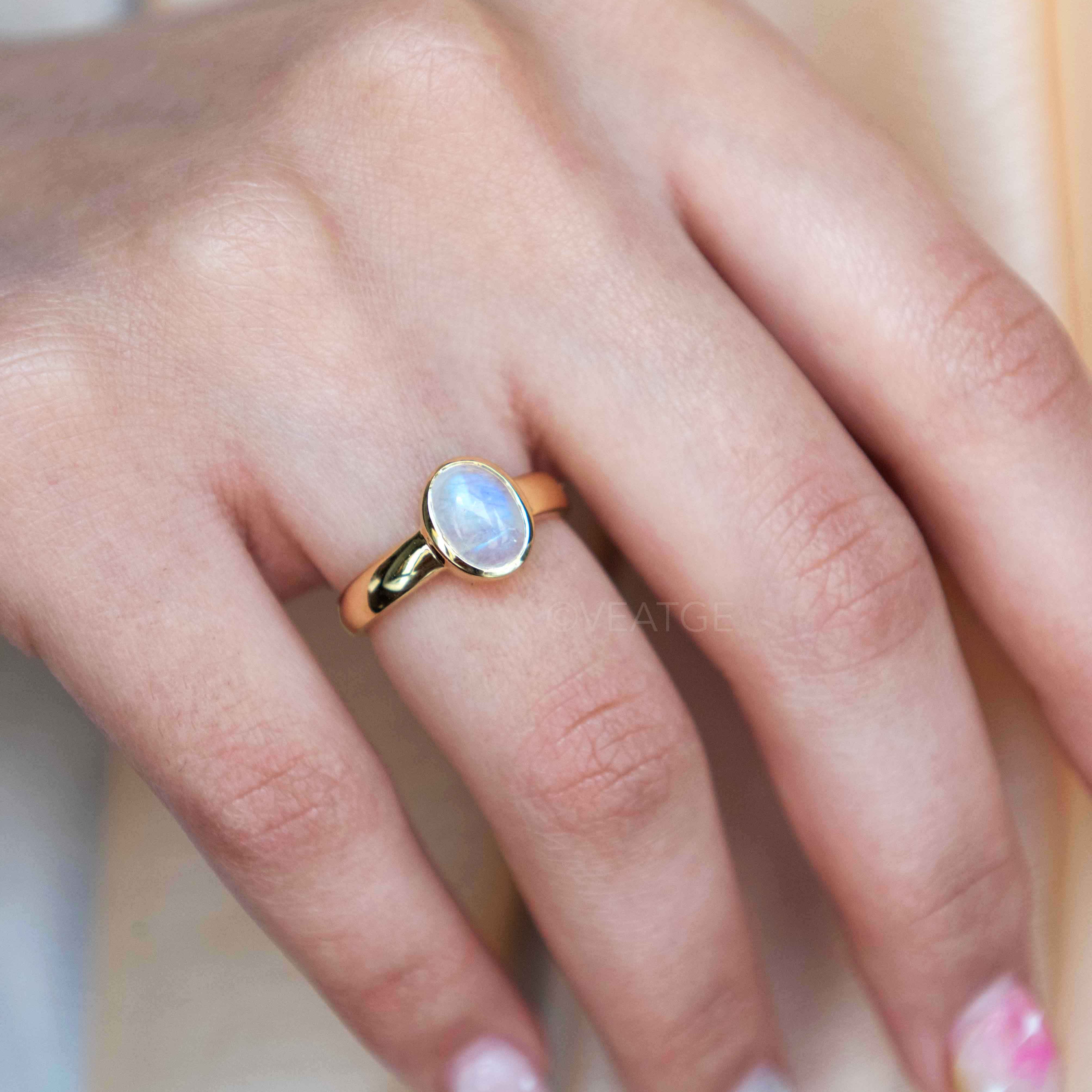 rainbow moonstone gold ring with blue flash natural gemstone ring June Birthstone Gifts for Women