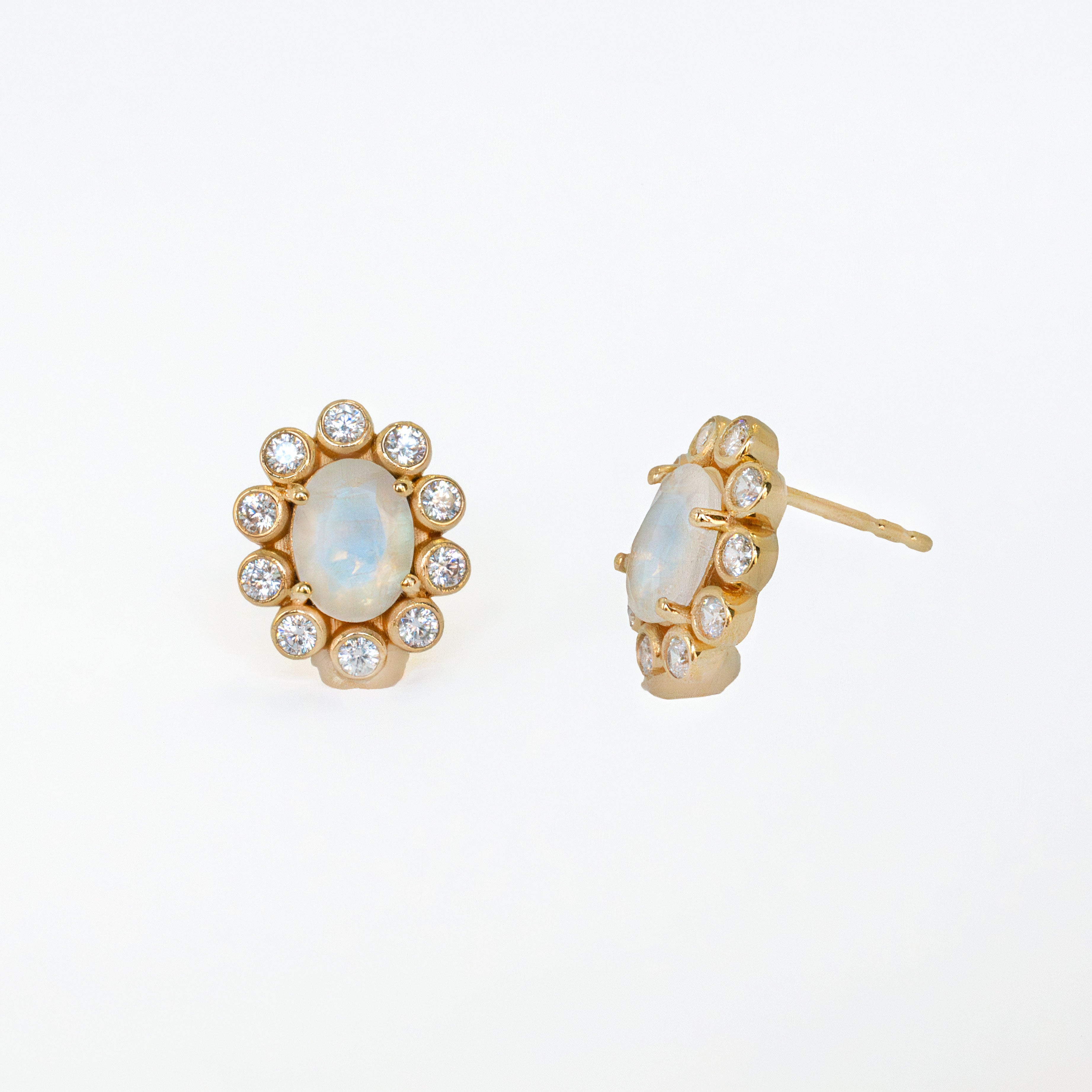 Moonstone Floral Stud Earrings 14k Gold Vermeil, Statement Stud in Natural Birthstone
