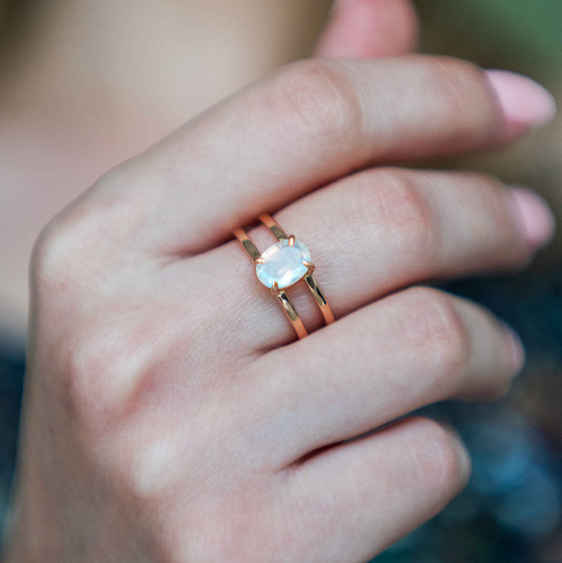 Oval Rainbow Moonstone Double Band Ring in Rhodium plated Sterling Silver and Rose Gold