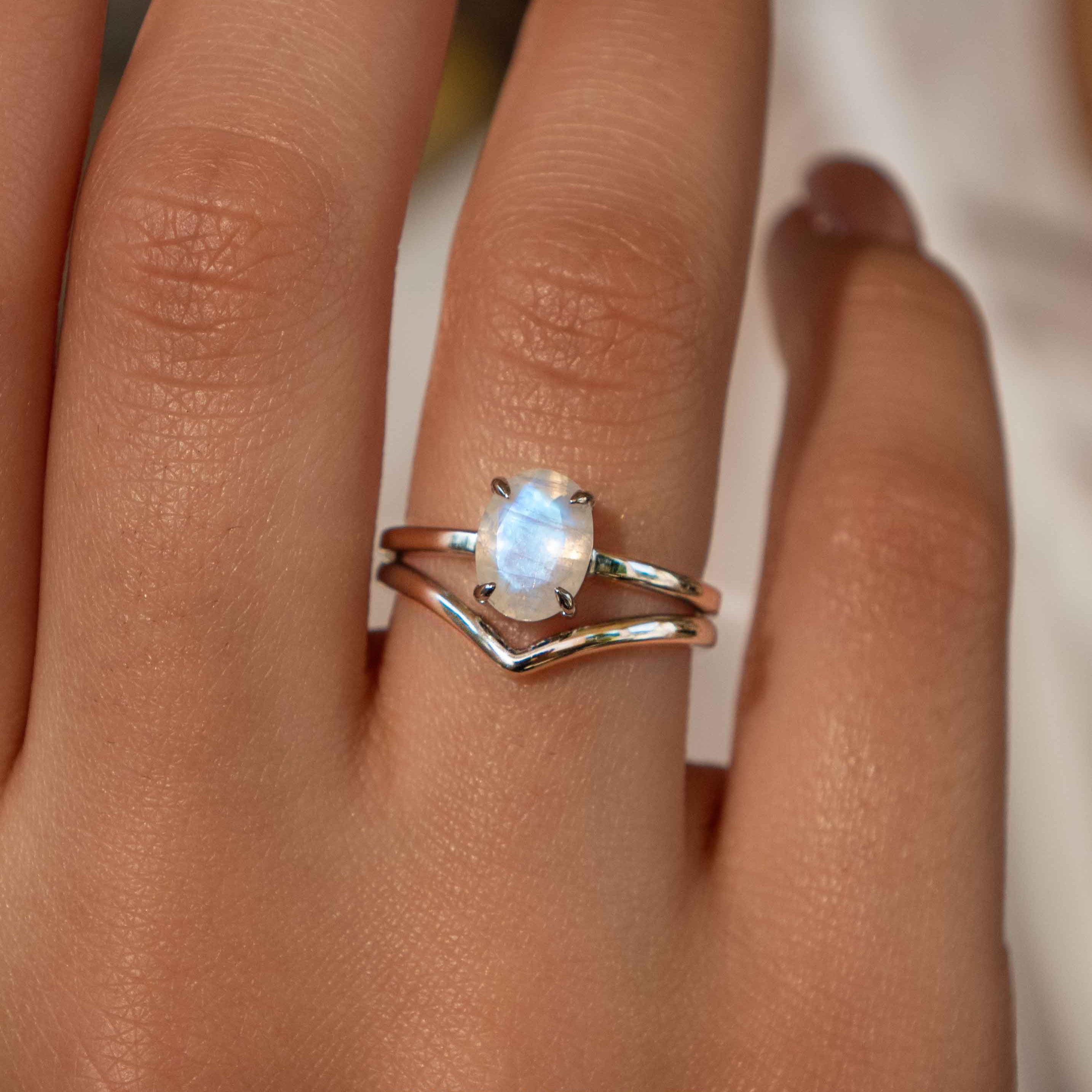 moonstone ring in silver stacked with chevron ring low profile comfort fit