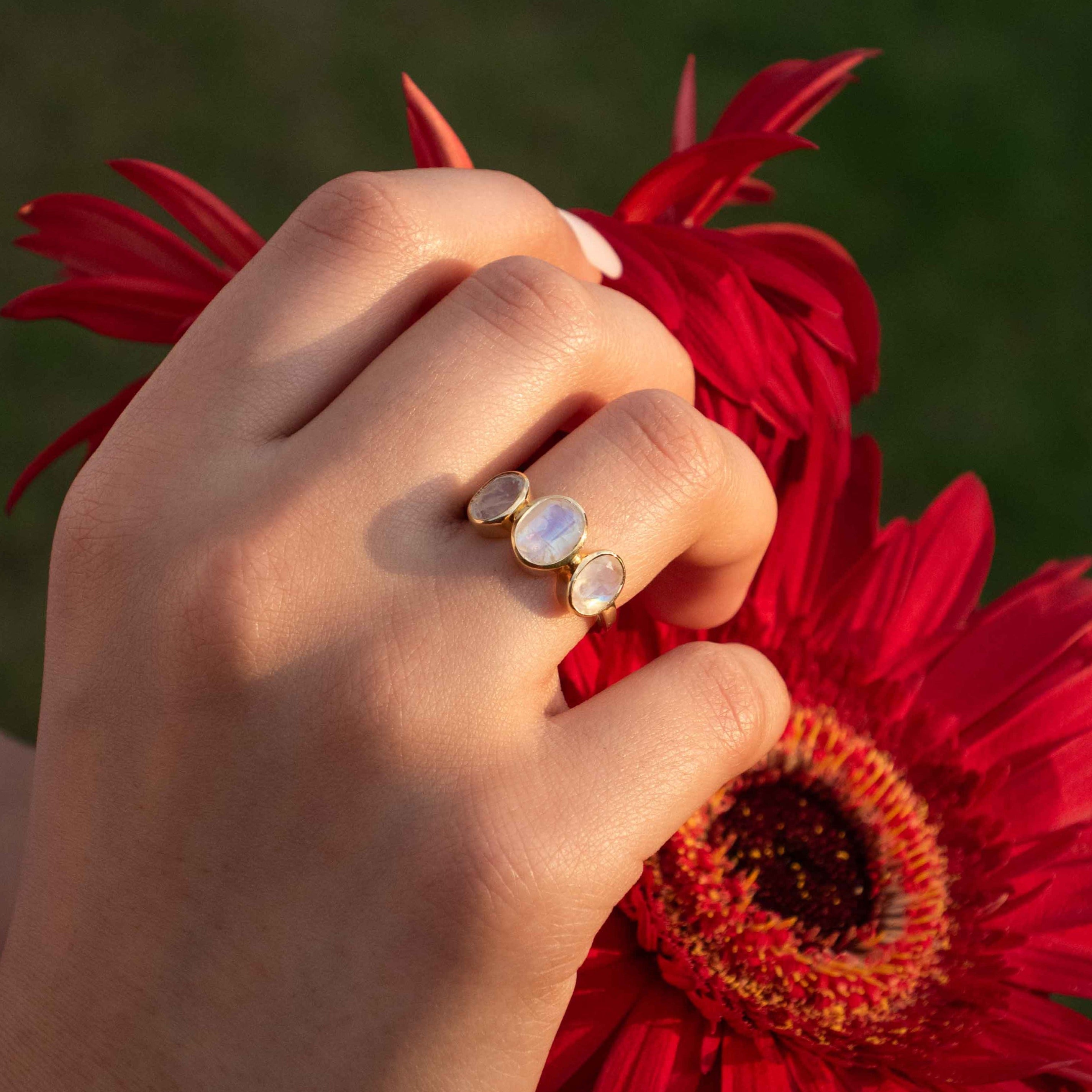 Three Moonstone ring silver gold rose gold