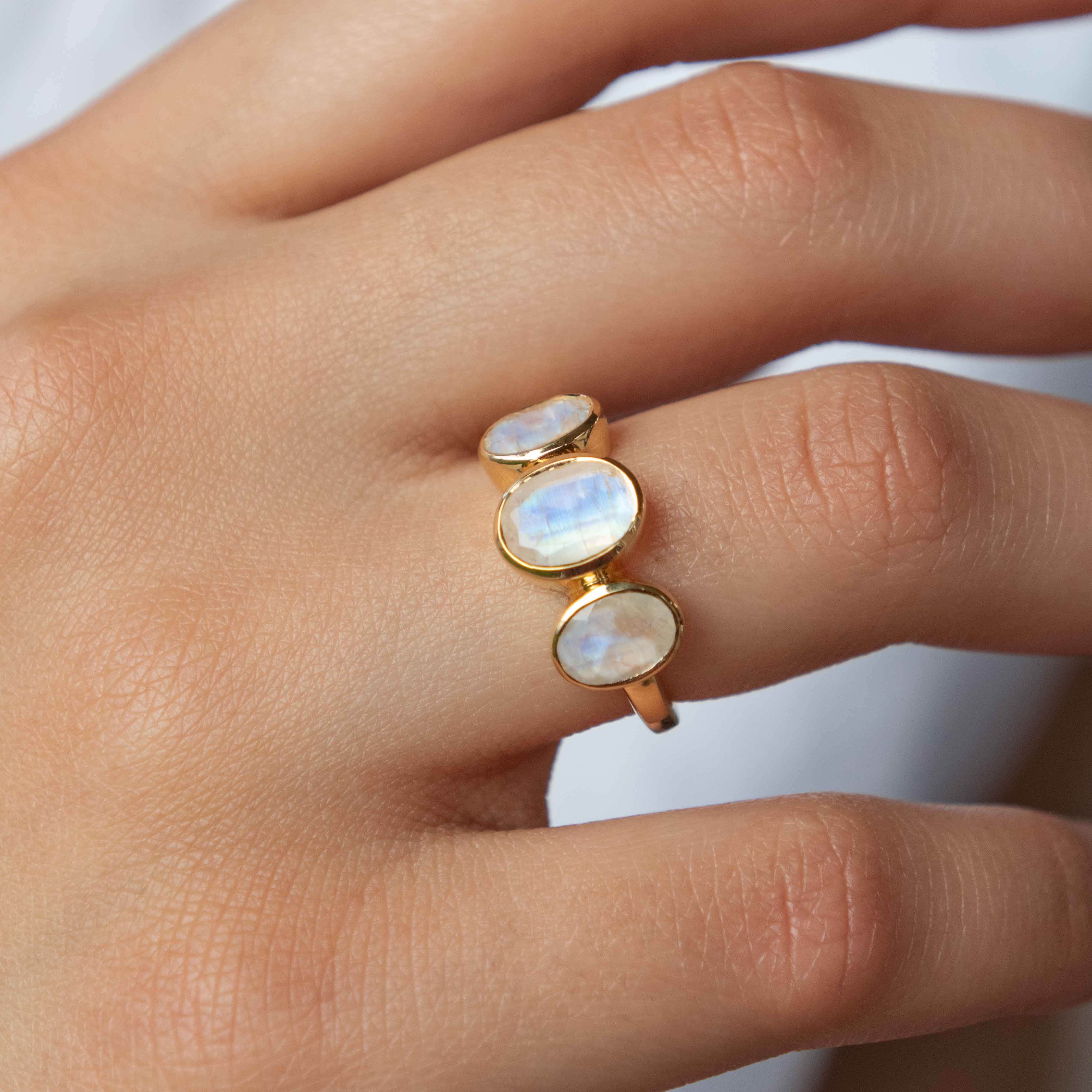 Three Moonstone ring silver gold rose gold