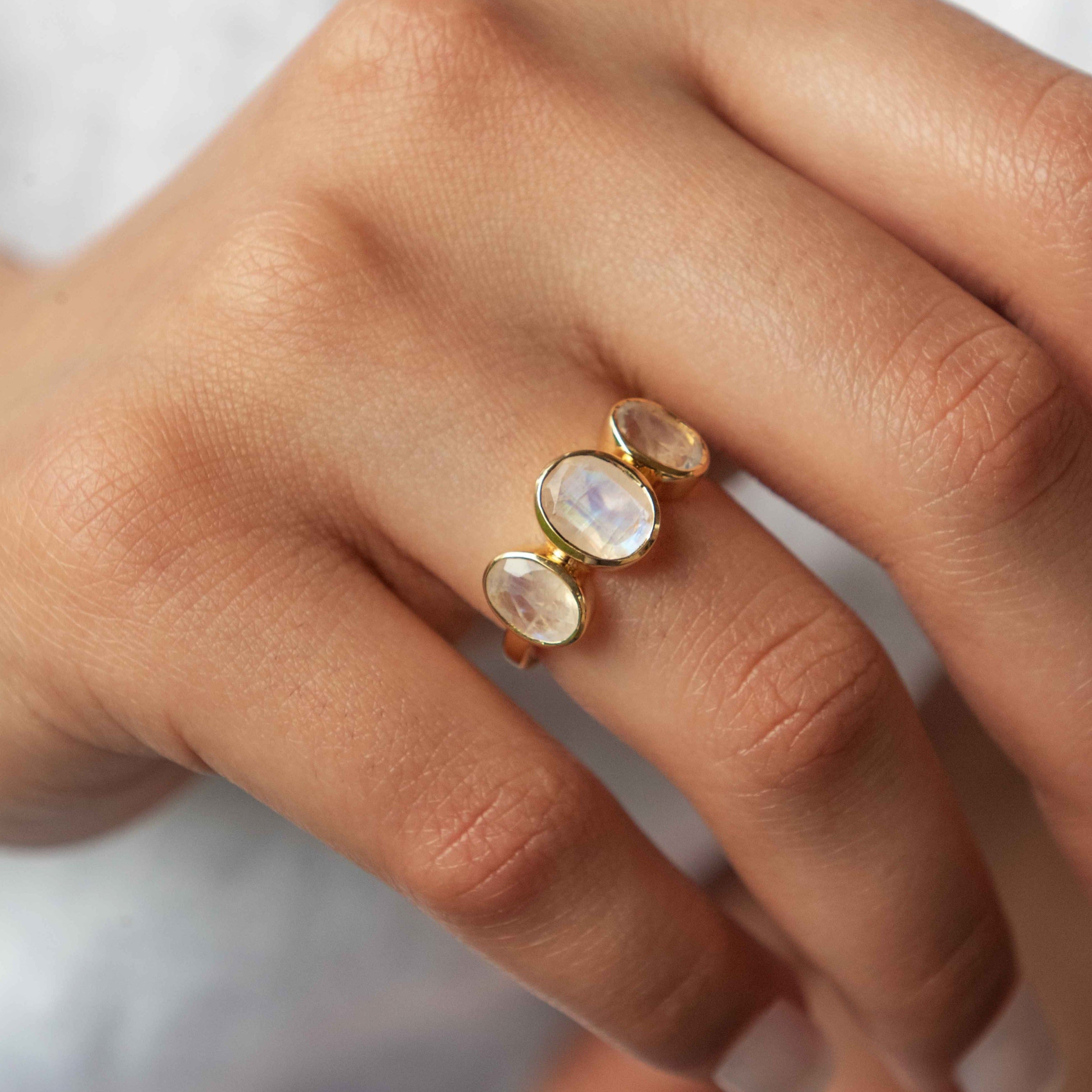 Three Moonstone ring silver gold rose gold