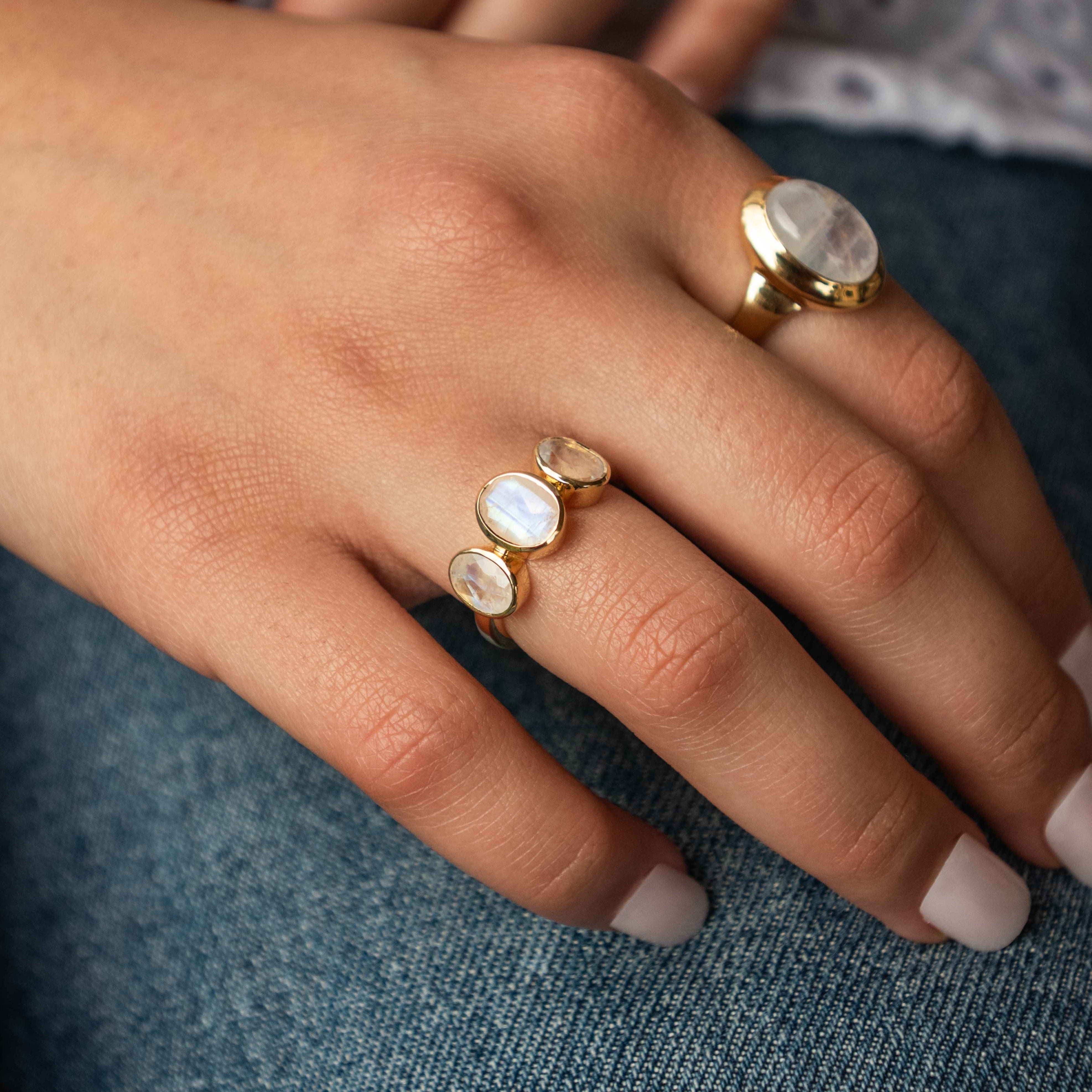 Three Moonstone ring silver gold rose gold