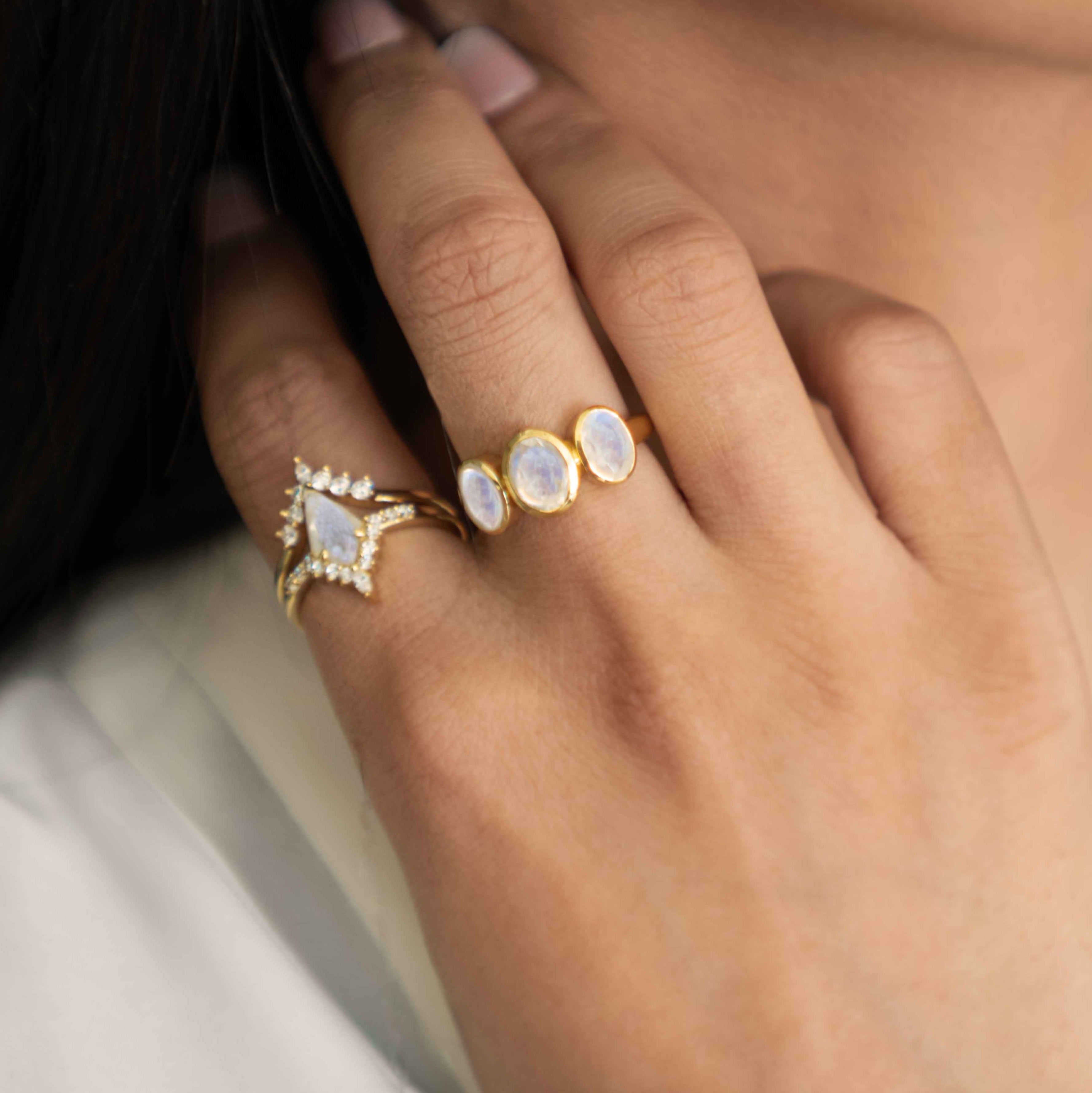 Three Moonstone ring silver gold rose gold