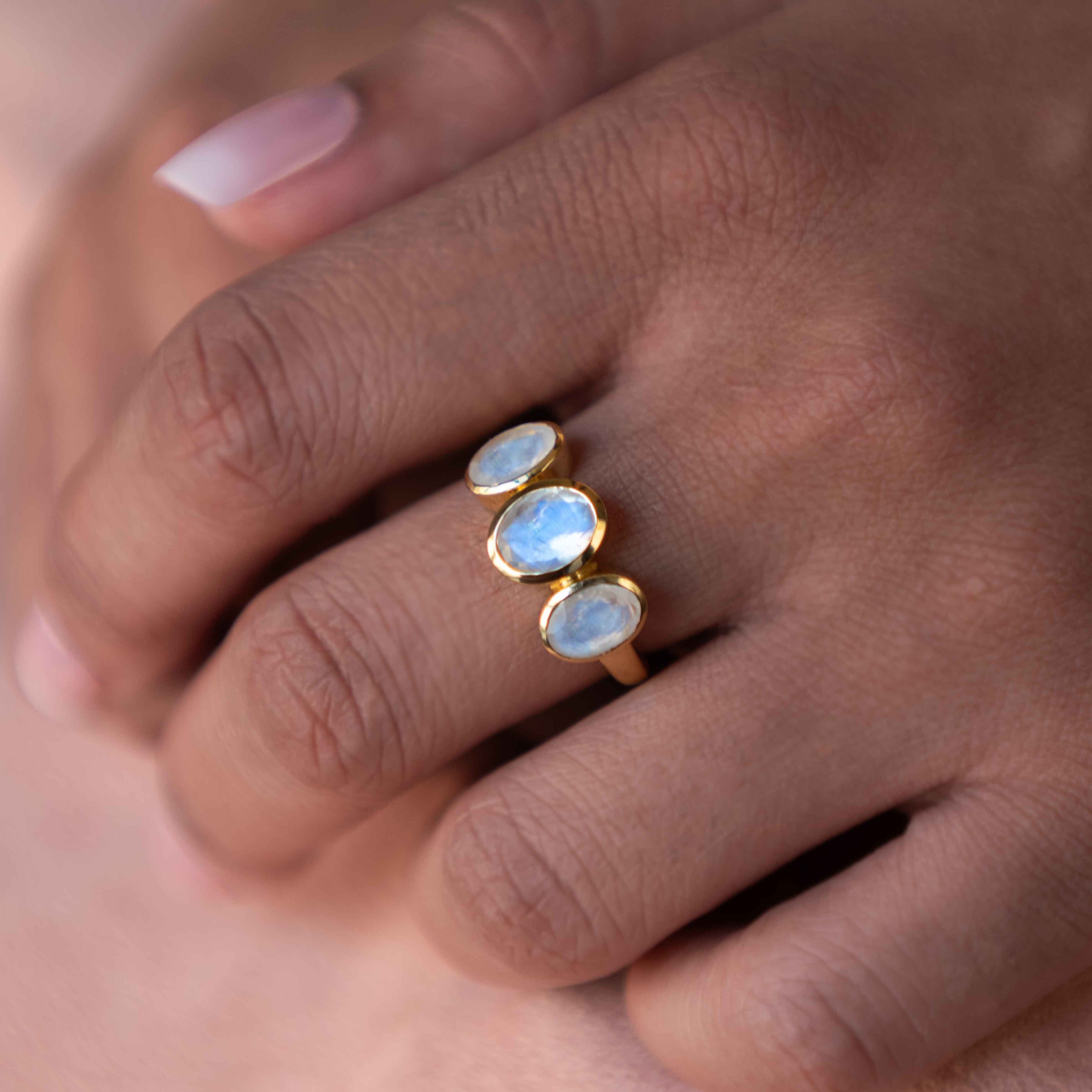 Three Moonstone ring silver gold rose gold