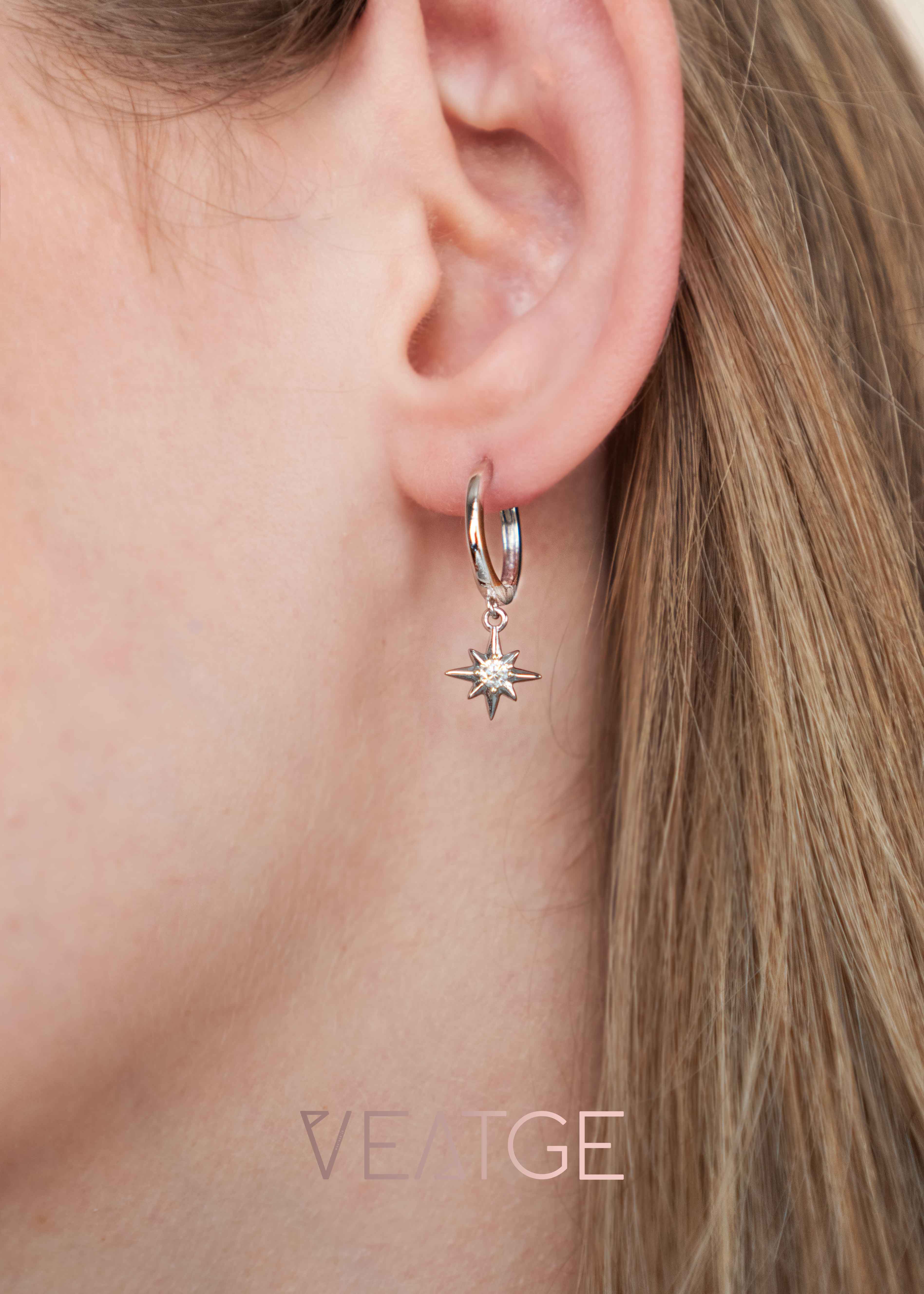 Moissanite Northstar Hoop Earrings in 925 Sterling Silver, Diamond Earrings Dangle Drop, Birthday Graduation Gift for Girls
