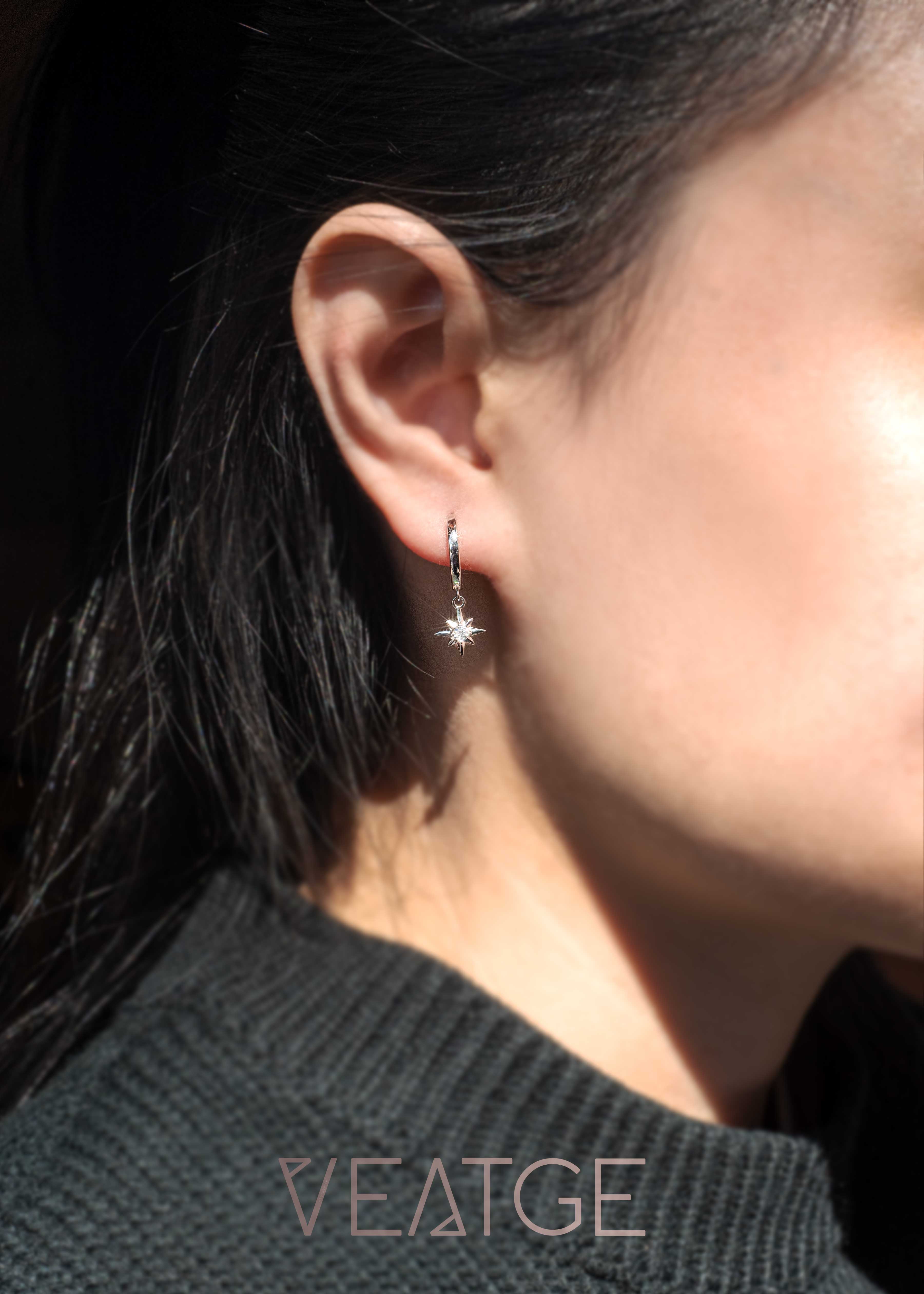 Moissanite Northstar Hoop Earrings in 925 Sterling Silver, Diamond Earrings Dangle Drop, Birthday Graduation Gift for Girls