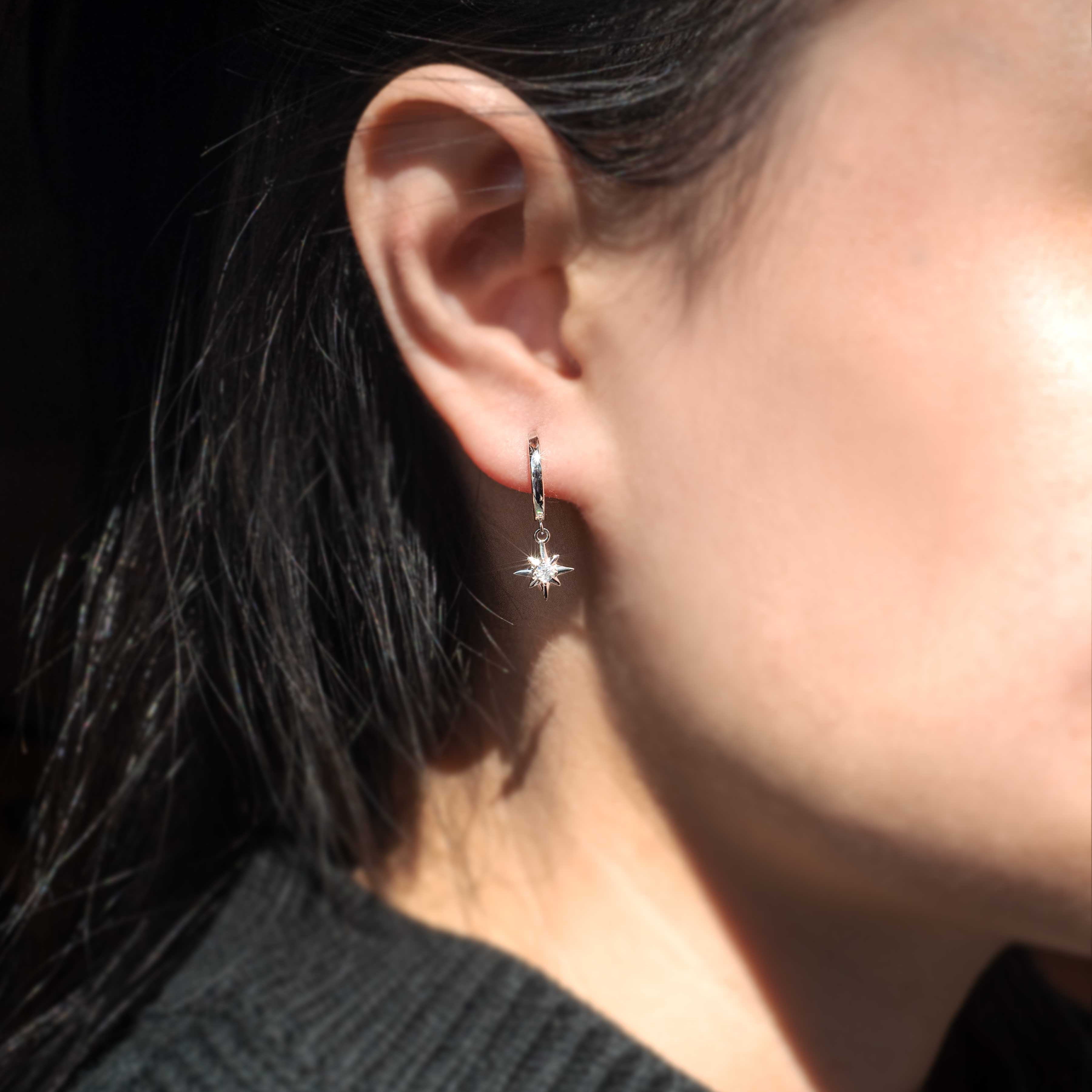 Moissanite Northstar Hoop Earrings in 925 Sterling Silver, Diamond Earrings Dangle Drop, Birthday Graduation Gift for Girls