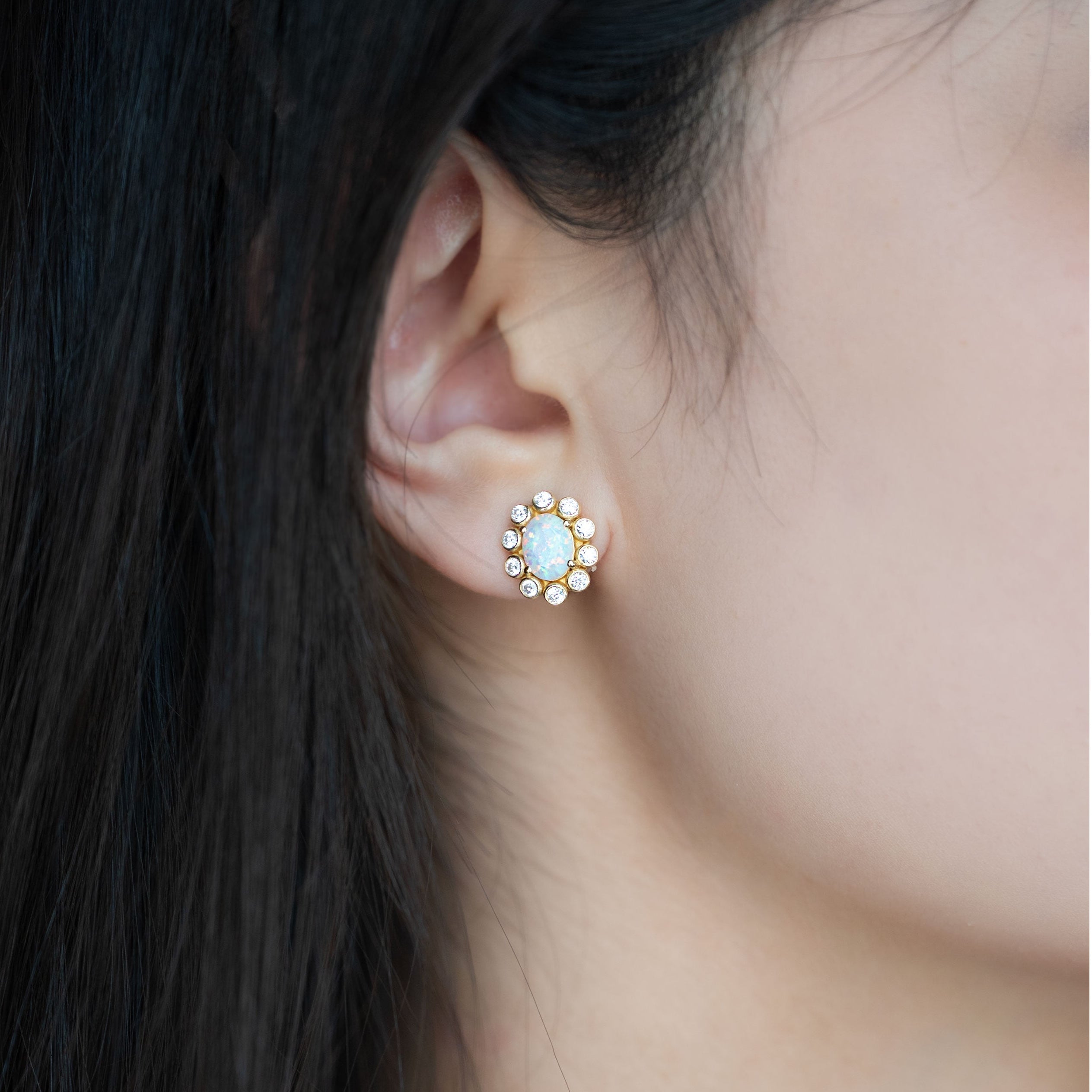 Opal-Earrings 14k Gold Vermeil, Statement Stud Earrings, Birthstone Jewelry Gifts for Women, Mom Birthday Gifts, Wife Anniversary Gifts, Bridal Earrings