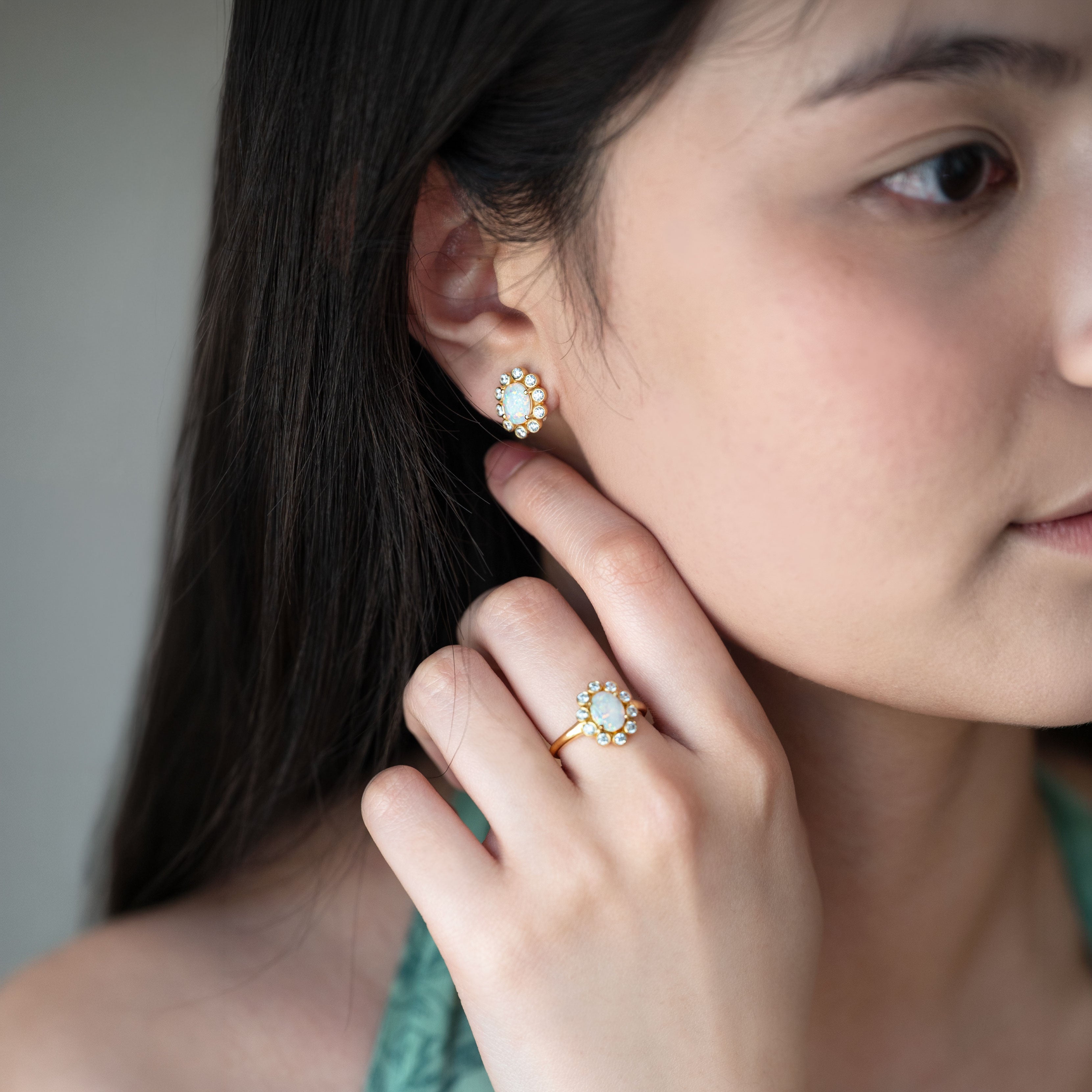 Opal-Earrings 14k Gold Vermeil, Statement Stud Earrings, Birthstone Jewelry Gifts for Women, Mom Birthday Gifts, Wife Anniversary Gifts, Bridal Earrings
