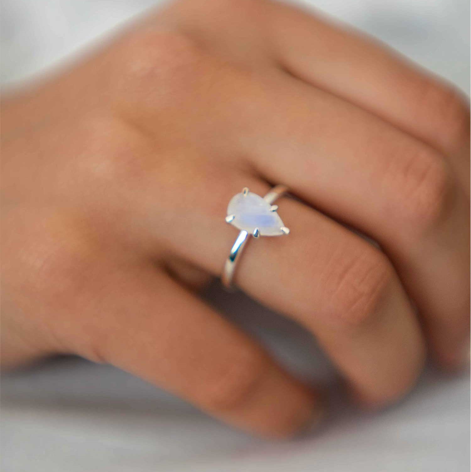 Pear Moonstone Ring, Natural Gemstone Rainbow Moonstone Ring Minimalist Engagement Gifts for Women, June Birthstone Ring