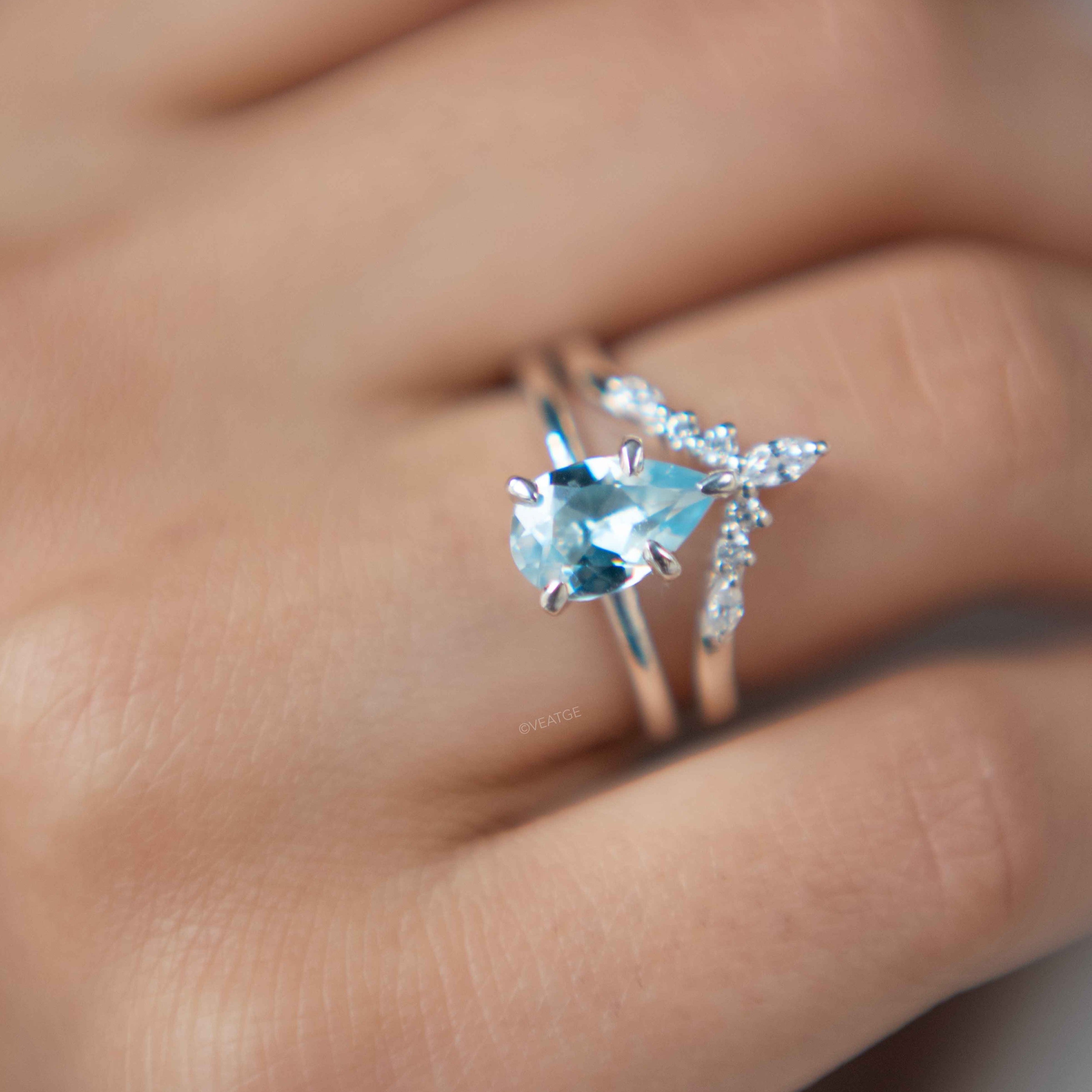 Pear Teardrop Blue Topaz Ring Stack