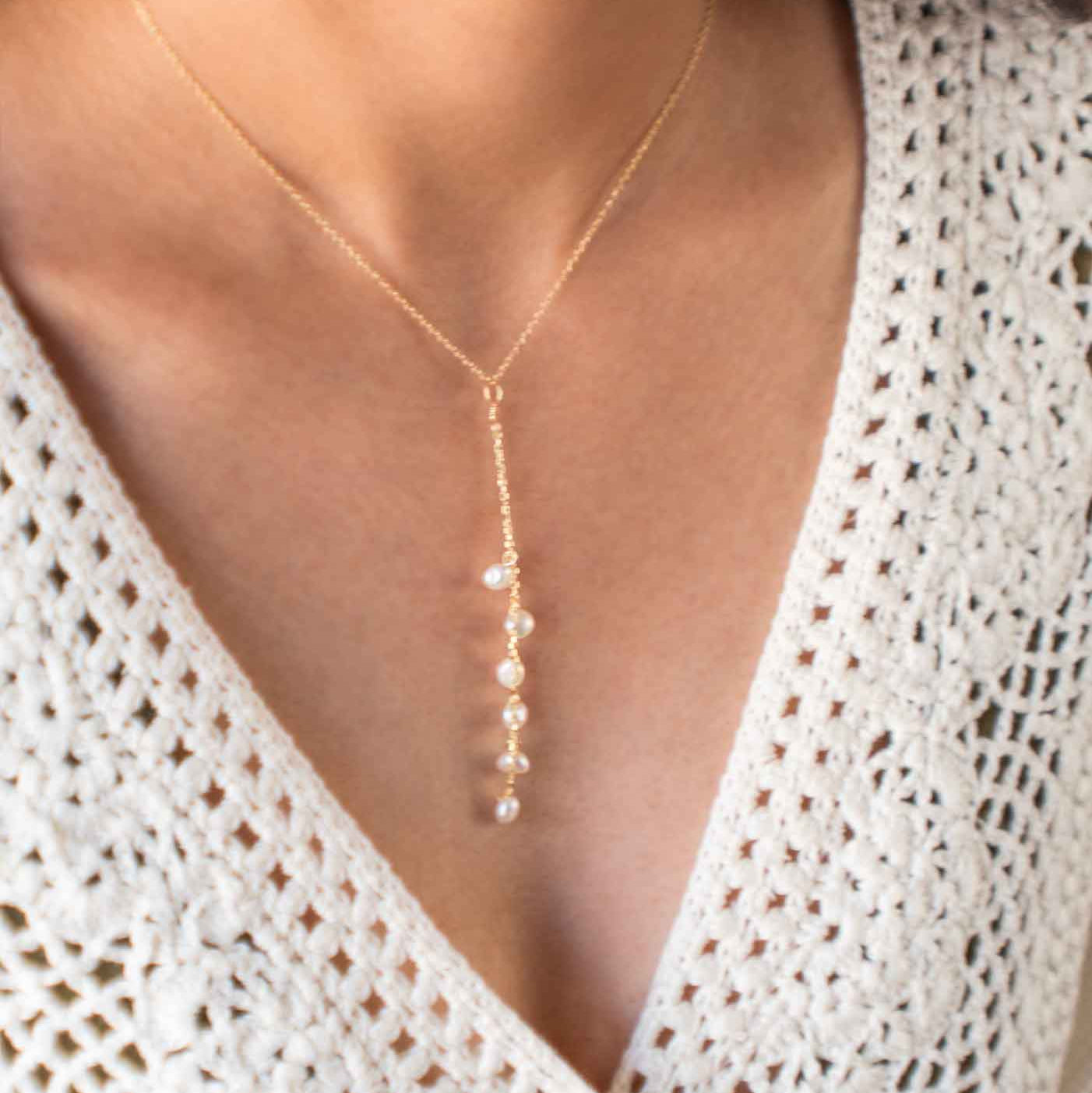 Pearl Lariat necklace delicate bridal wedding necklace gold unique lariat Y necklace