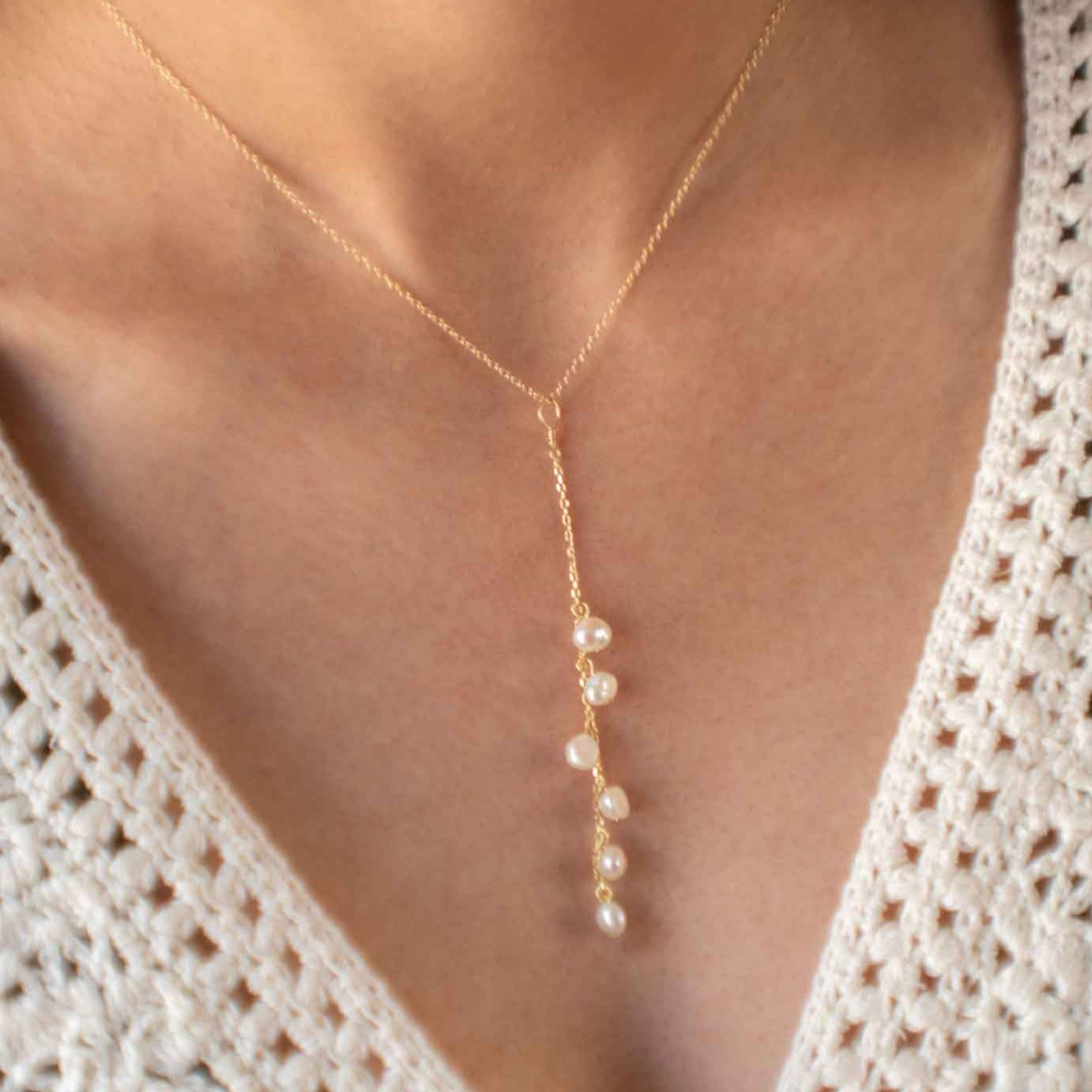 Pearl Lariat necklace delicate bridal wedding necklace gold unique lariat Y necklace