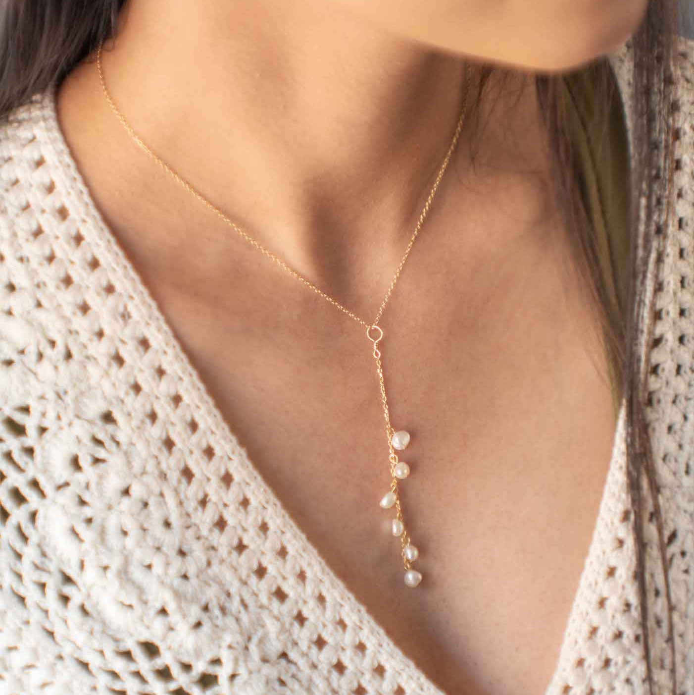 Pearl Lariat necklace delicate bridal wedding necklace gold unique lariat Y necklace