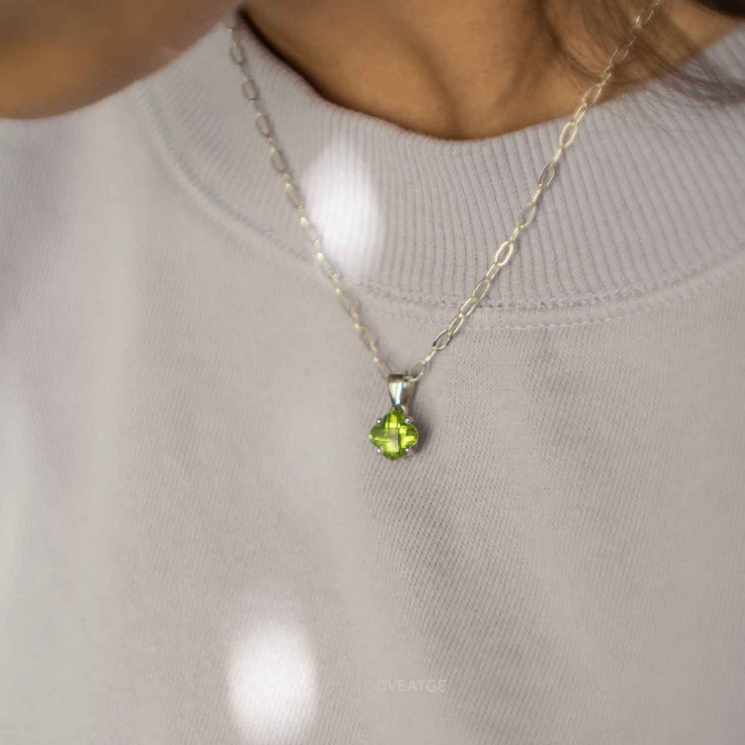 Peridot Necklace Minimalist Clover Gemstone Necklace in Sterling Silver with removable paperclip chain, Good Luck Gift August Birthstone
