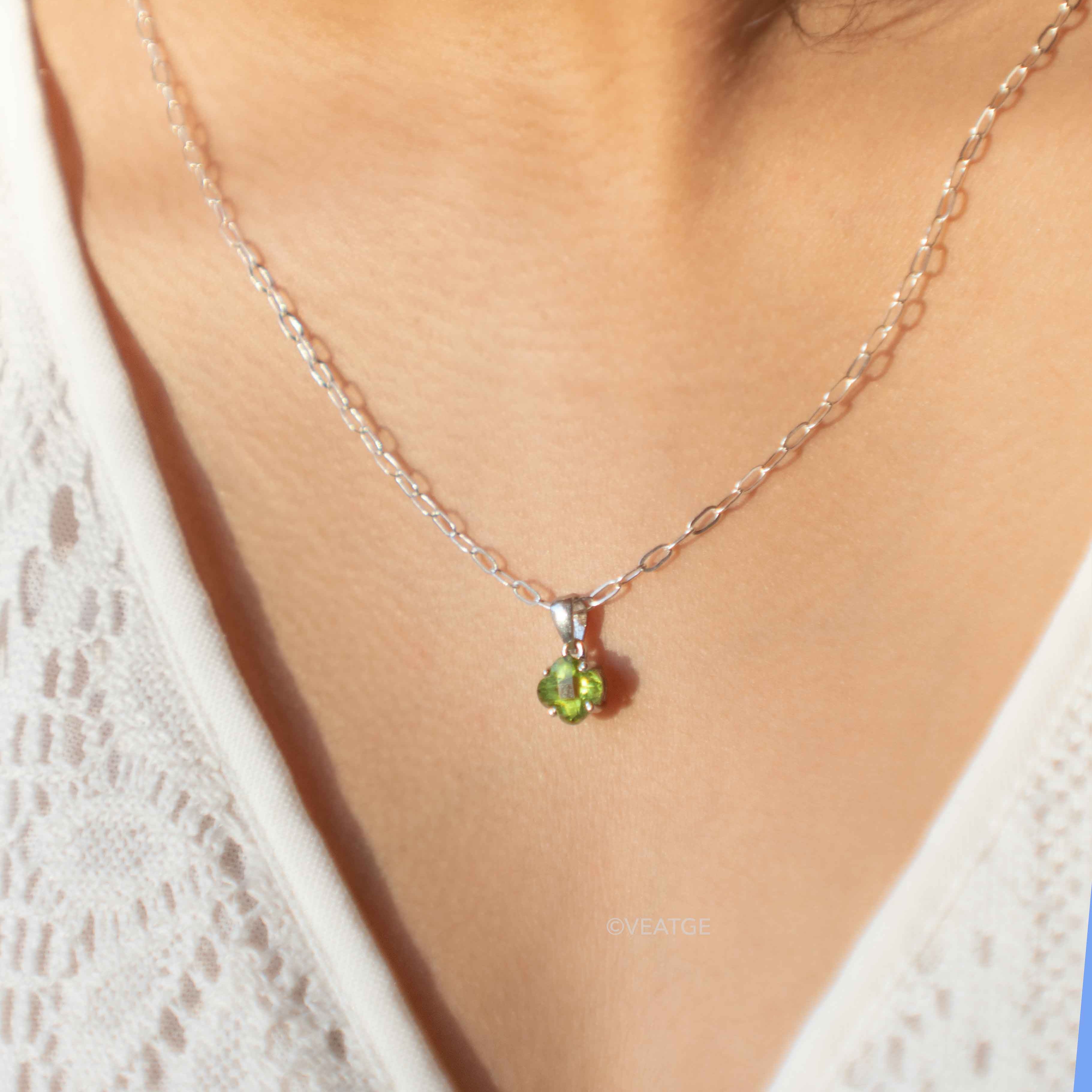 Peridot Necklace Minimalist Clover Gemstone Necklace in Sterling Silver with removable paperclip chain, Good Luck Gift August Birthstone