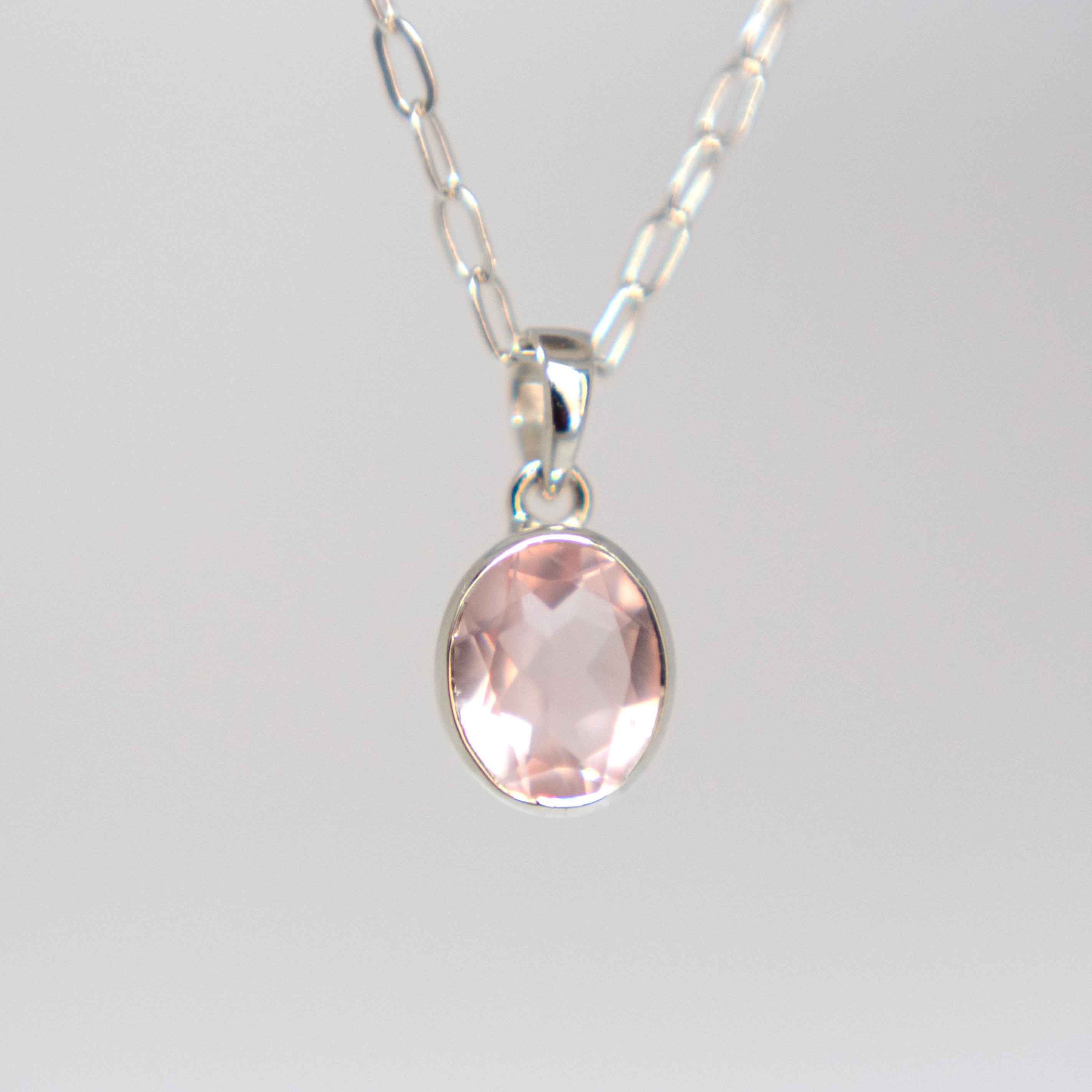 Rose Quartz Bezel Necklace with Paperclip Chain, Gift for Mom, Mother's Day Gift, Christmas Gift, Rose Quartz Jewelry for Women