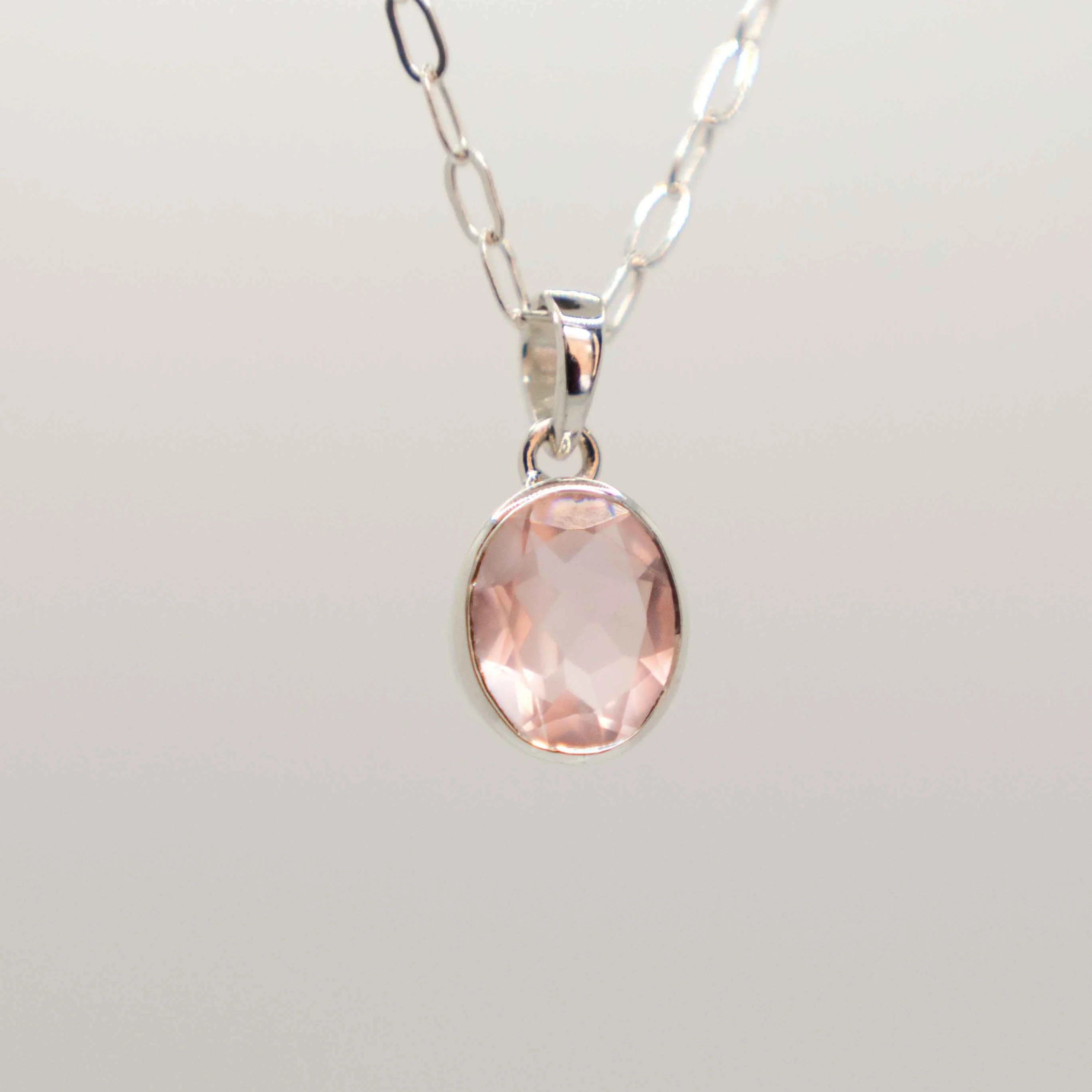 Rose Quartz Bezel Necklace with Paperclip Chain, Gift for Mom, Mother's Day Gift, Christmas Gift, Rose Quartz Jewelry for Women