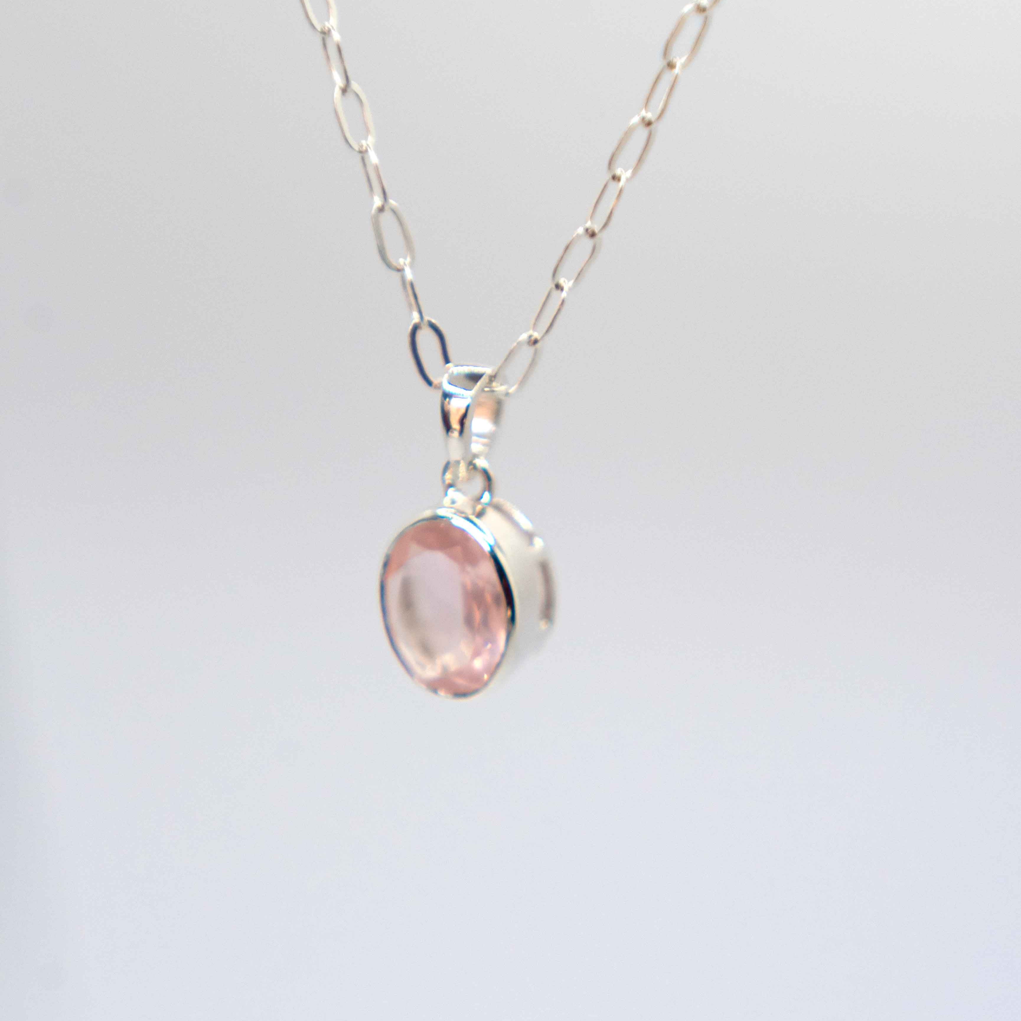 Rose Quartz Bezel Necklace with Paperclip Chain, Gift for Mom, Mother's Day Gift, Christmas Gift, Rose Quartz Jewelry for Women