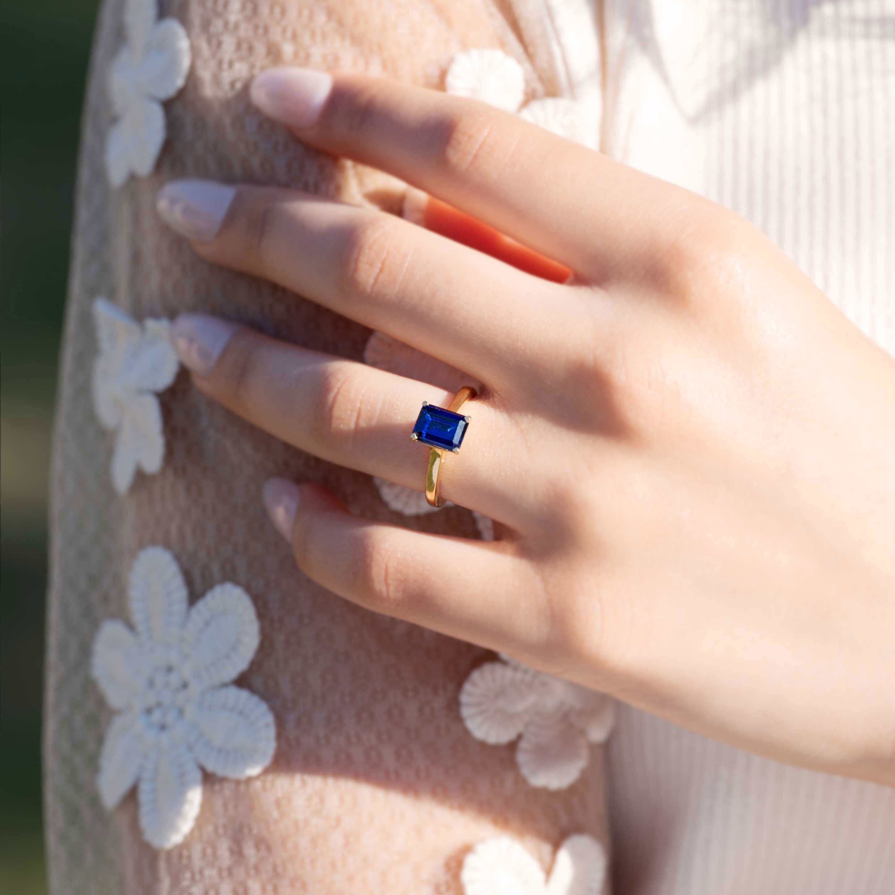 Emerald Cut Sapphire Ring Gold, September Birthstone Birthday Gifts, Wedding Bridal Engagement Rings for Women