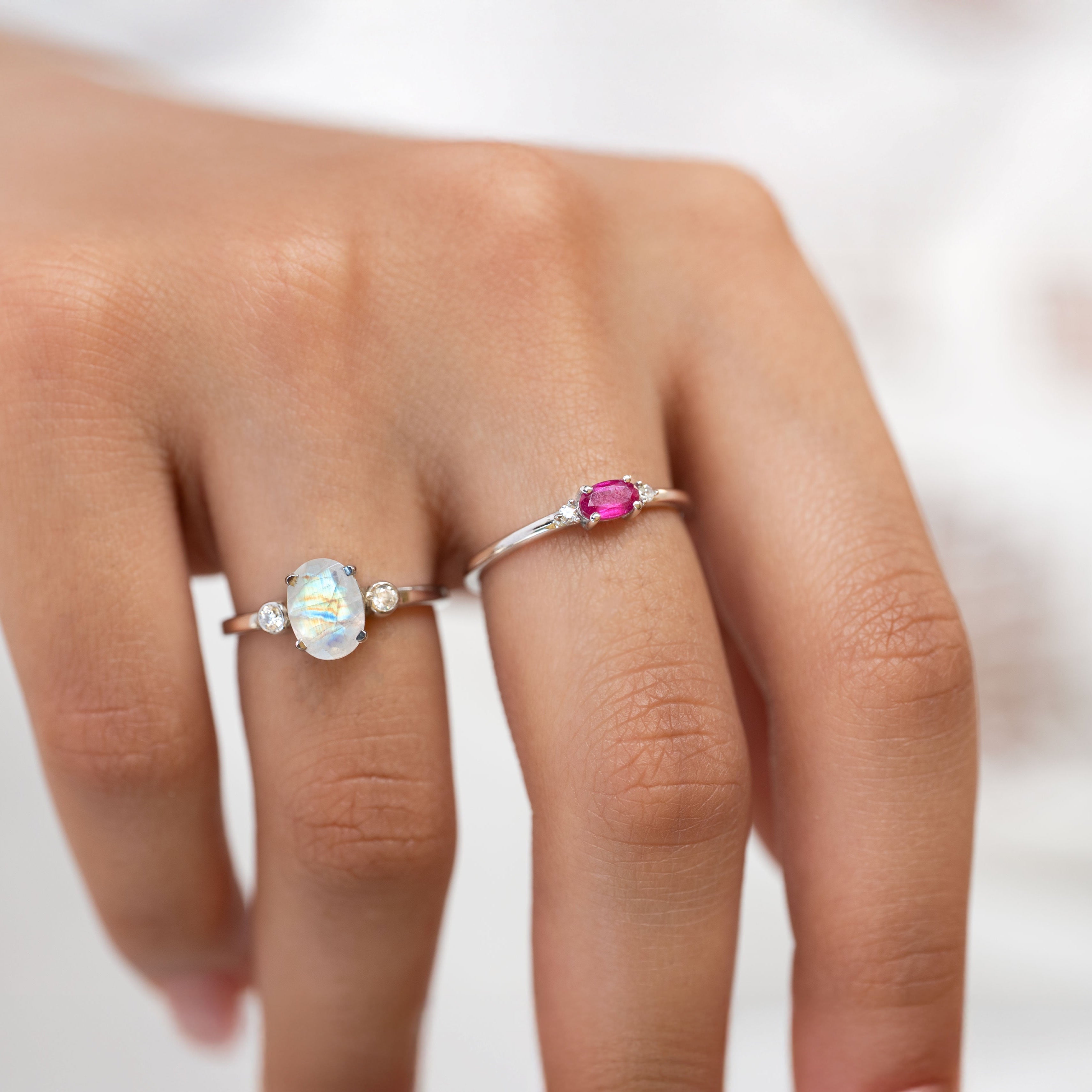 Silver dainty stacking ring with real ruby gemstone.