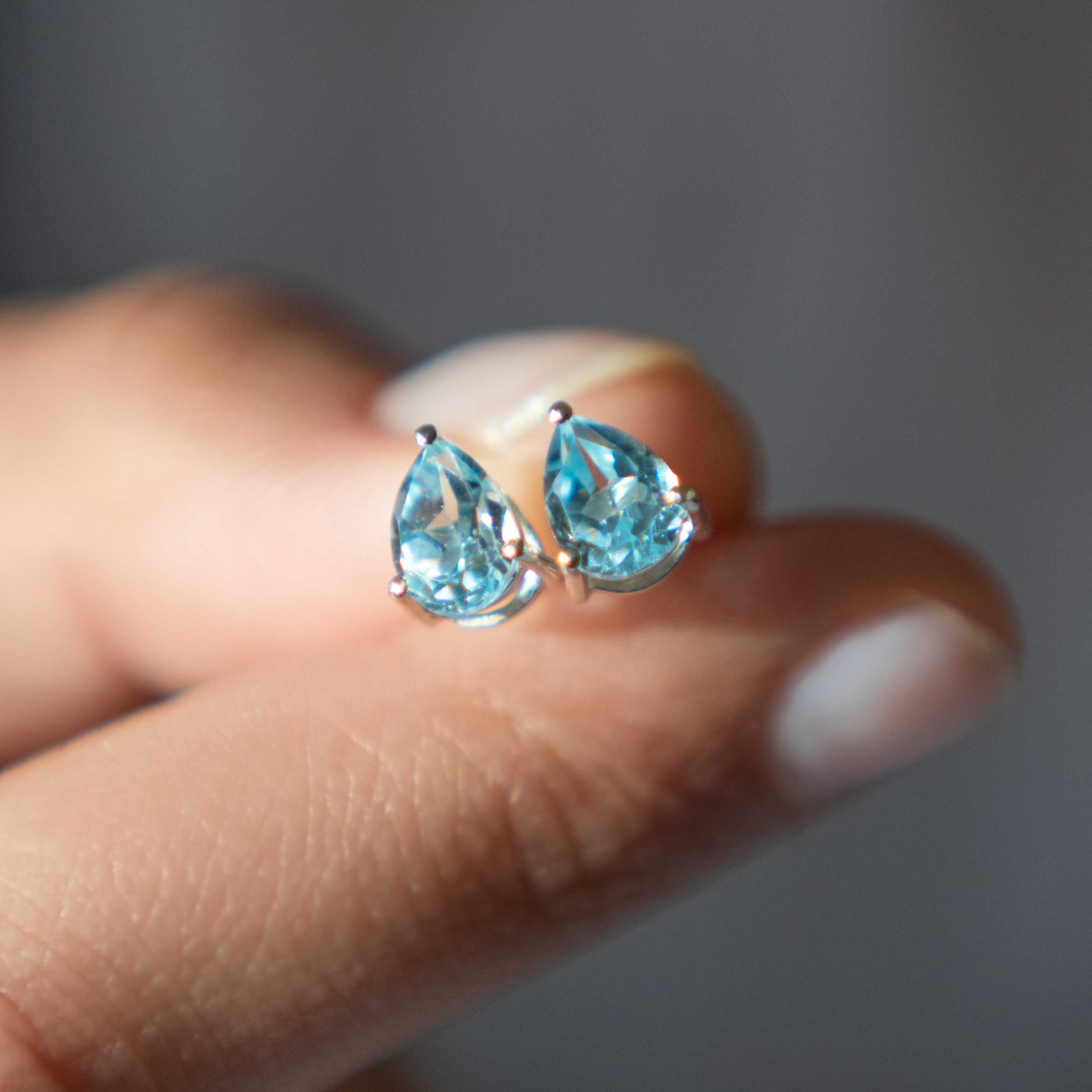 Swiss Blue Topaz Pear Stud Earrings Cartilage Piercing Statement Studs Gifts for Women Gifts for Girls