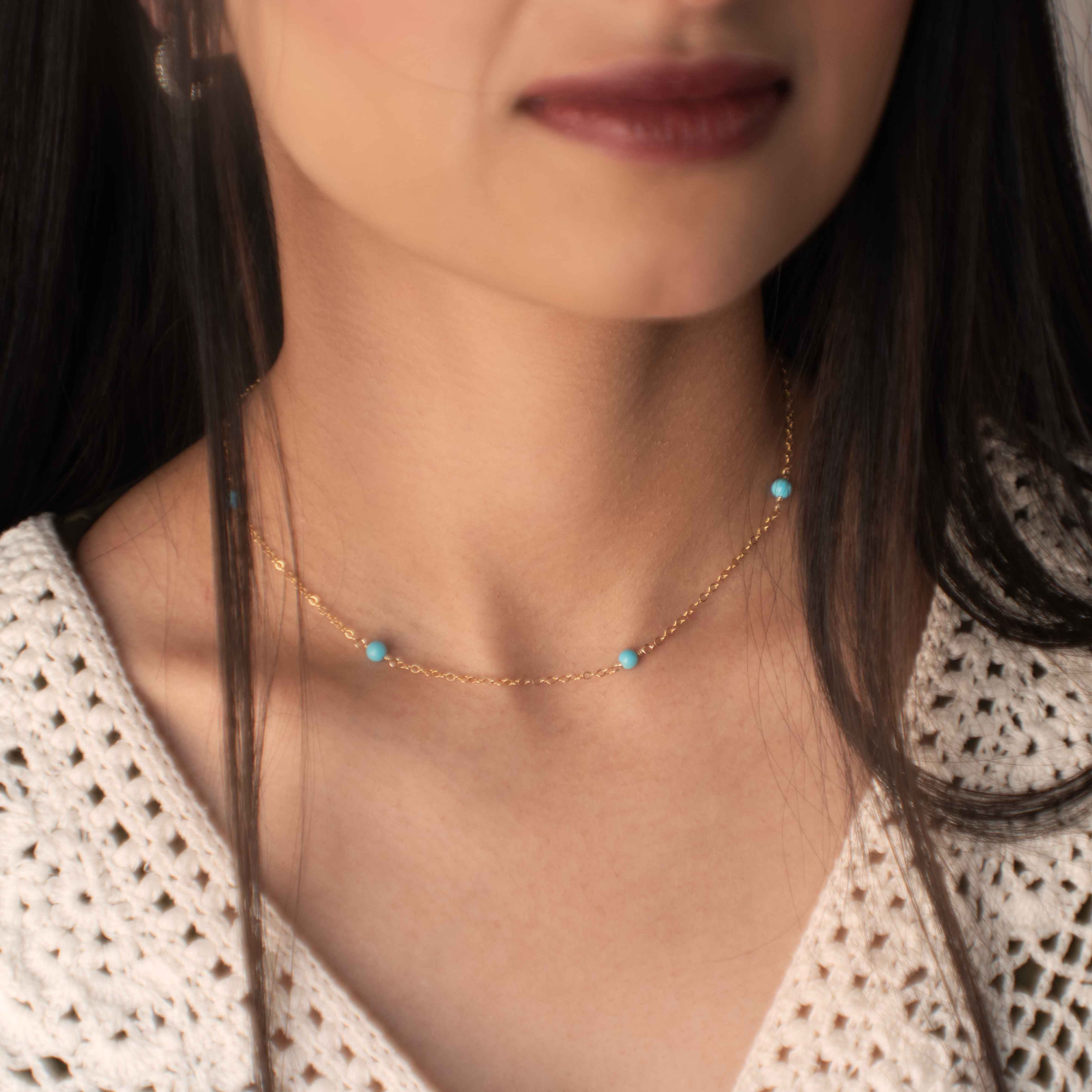 Natural Arizona Turquoise Bead Necklace handmade in 14k gold filled, Gold Choker, Layering Necklace, Station Necklace Handmade Jewelry