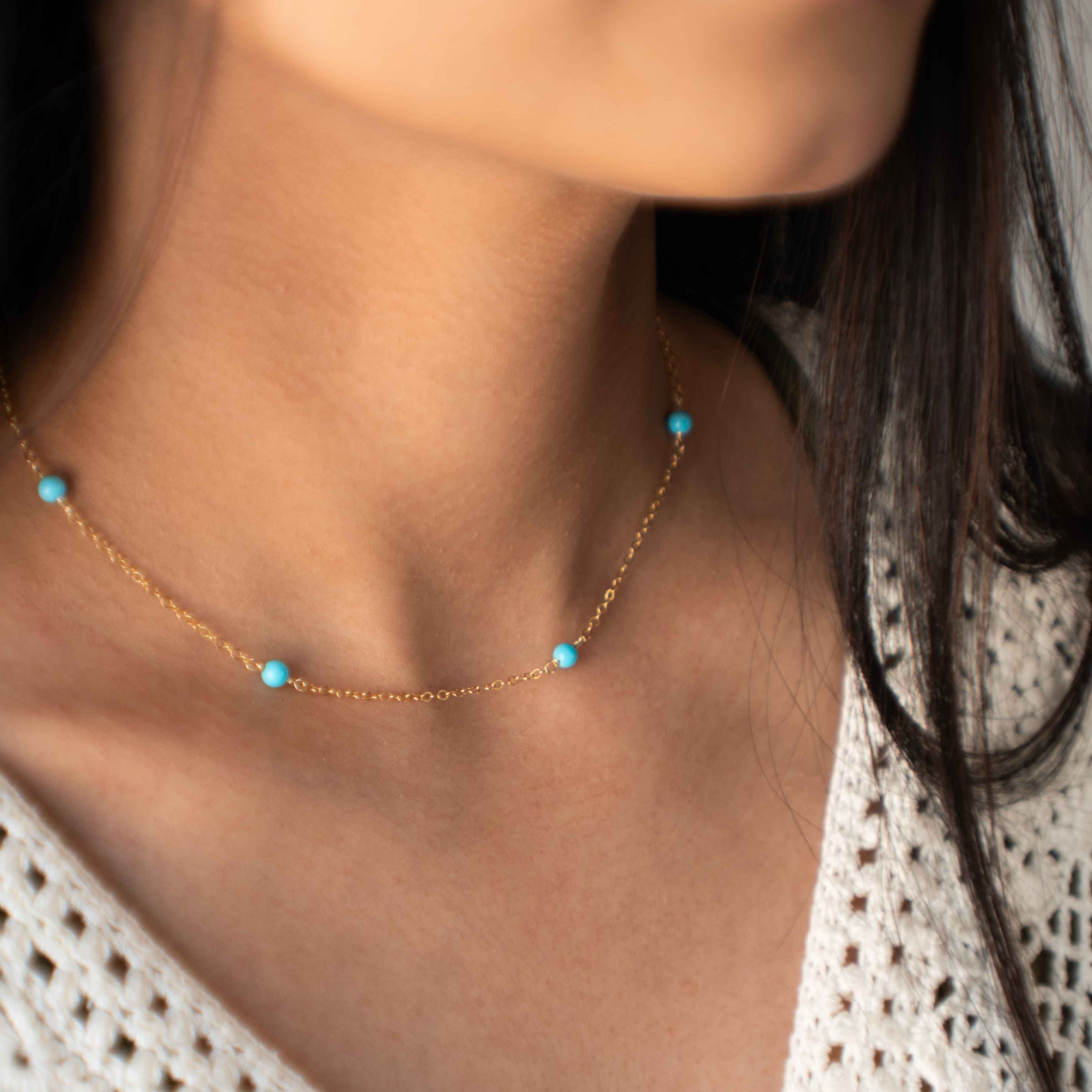 Natural Arizona Turquoise Bead Necklace handmade in 14k gold filled, Gold Choker, Layering Necklace, Station Necklace Handmade Jewelry