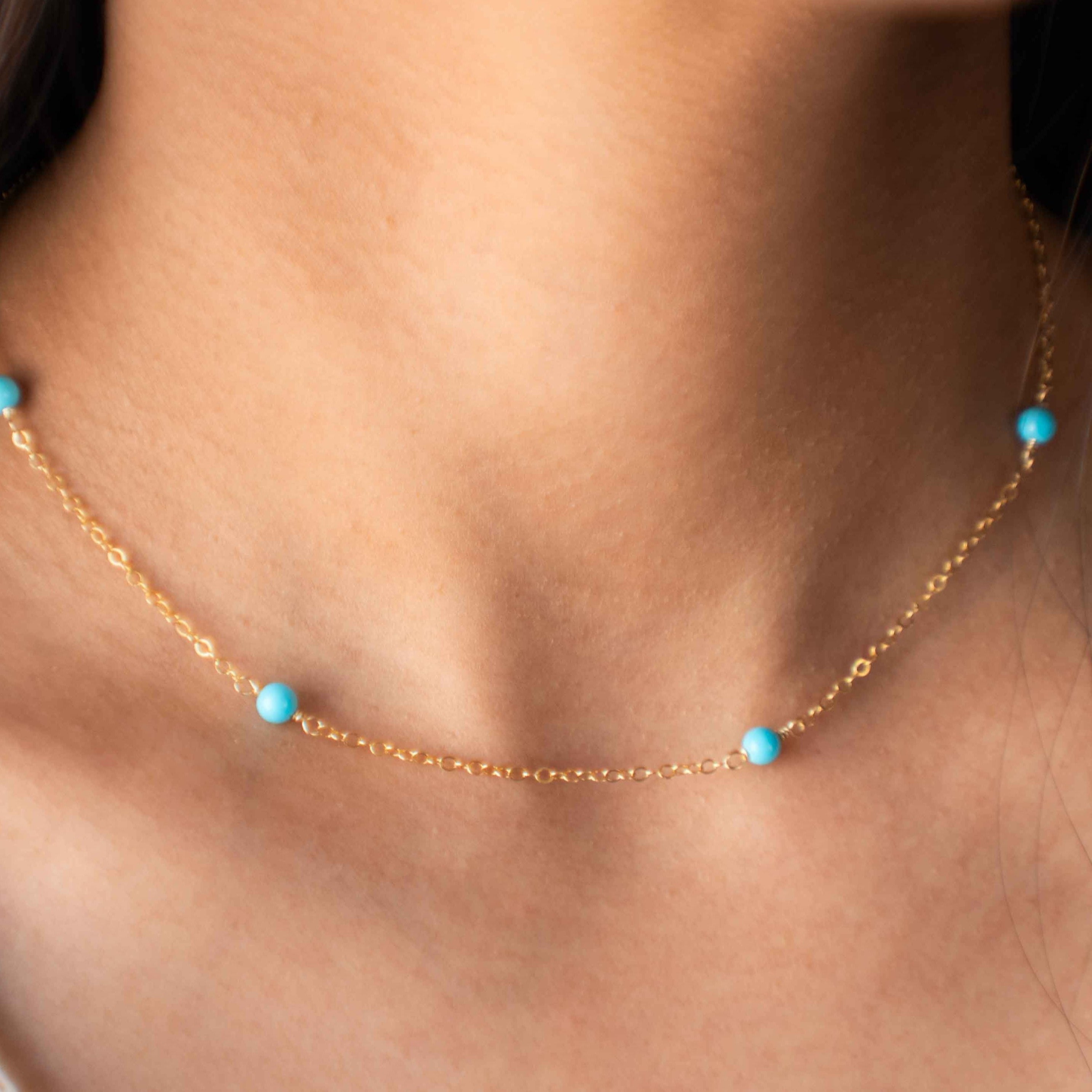 Natural Arizona Turquoise Bead Necklace handmade in 14k gold filled, Gold Choker, Layering Necklace, Station Necklace Handmade Jewelry