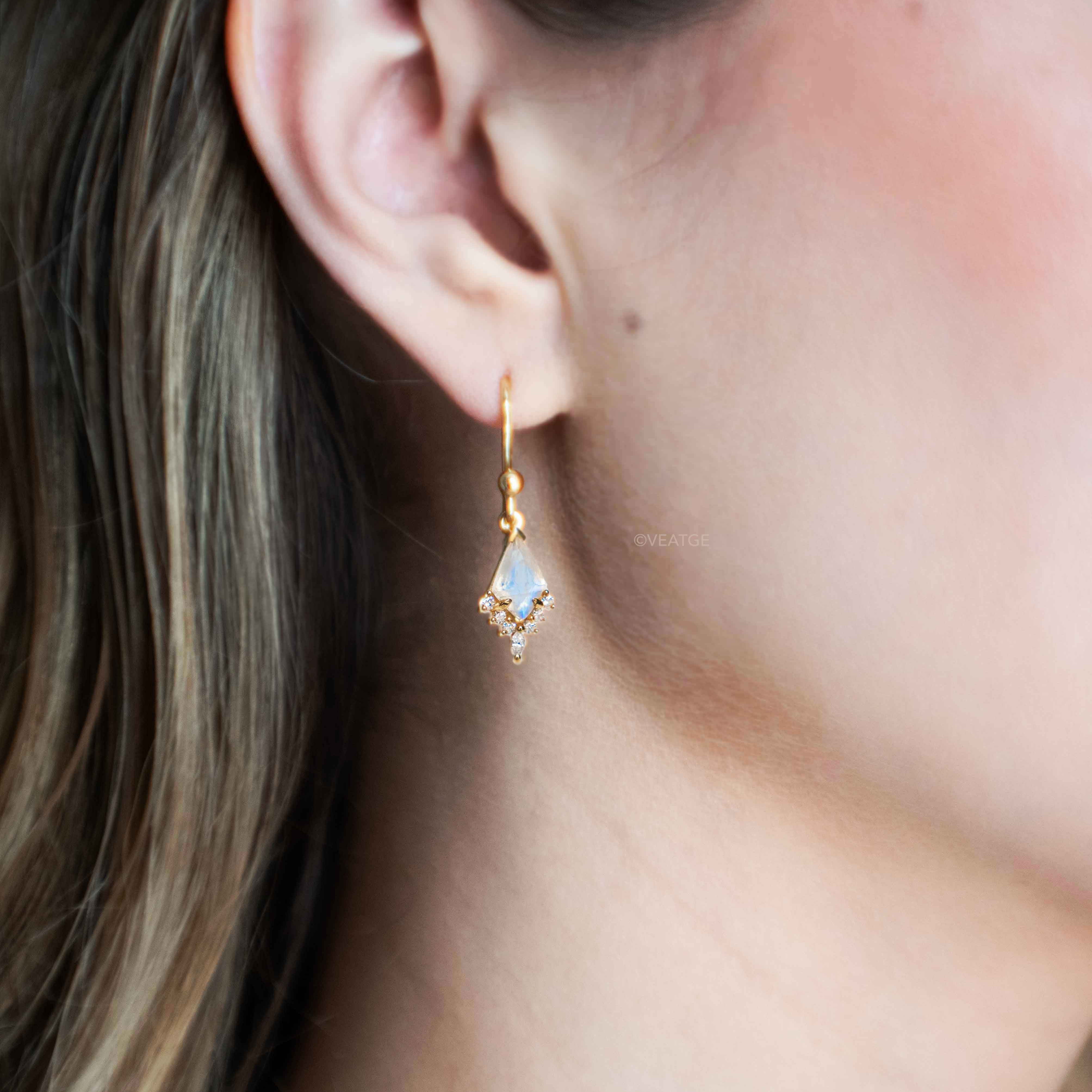 Moonstone Kite Earrings by Veatge, Gold Dangle Earrings Bridal, Wedding Earrings Moonstone, Gift for Wife, Mom Birthday Gift