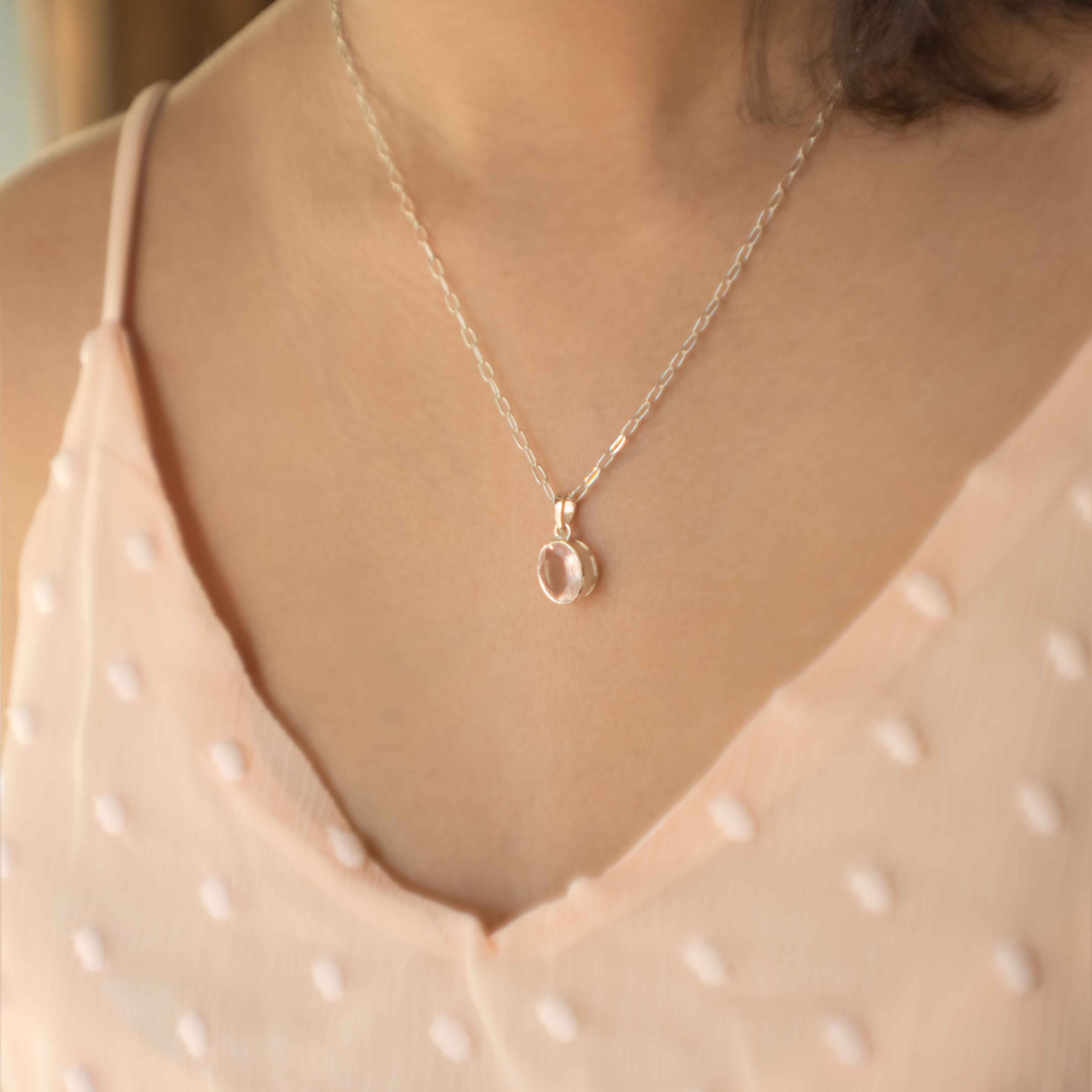 Green Amethyst Oval Necklace with Paperclip Chain