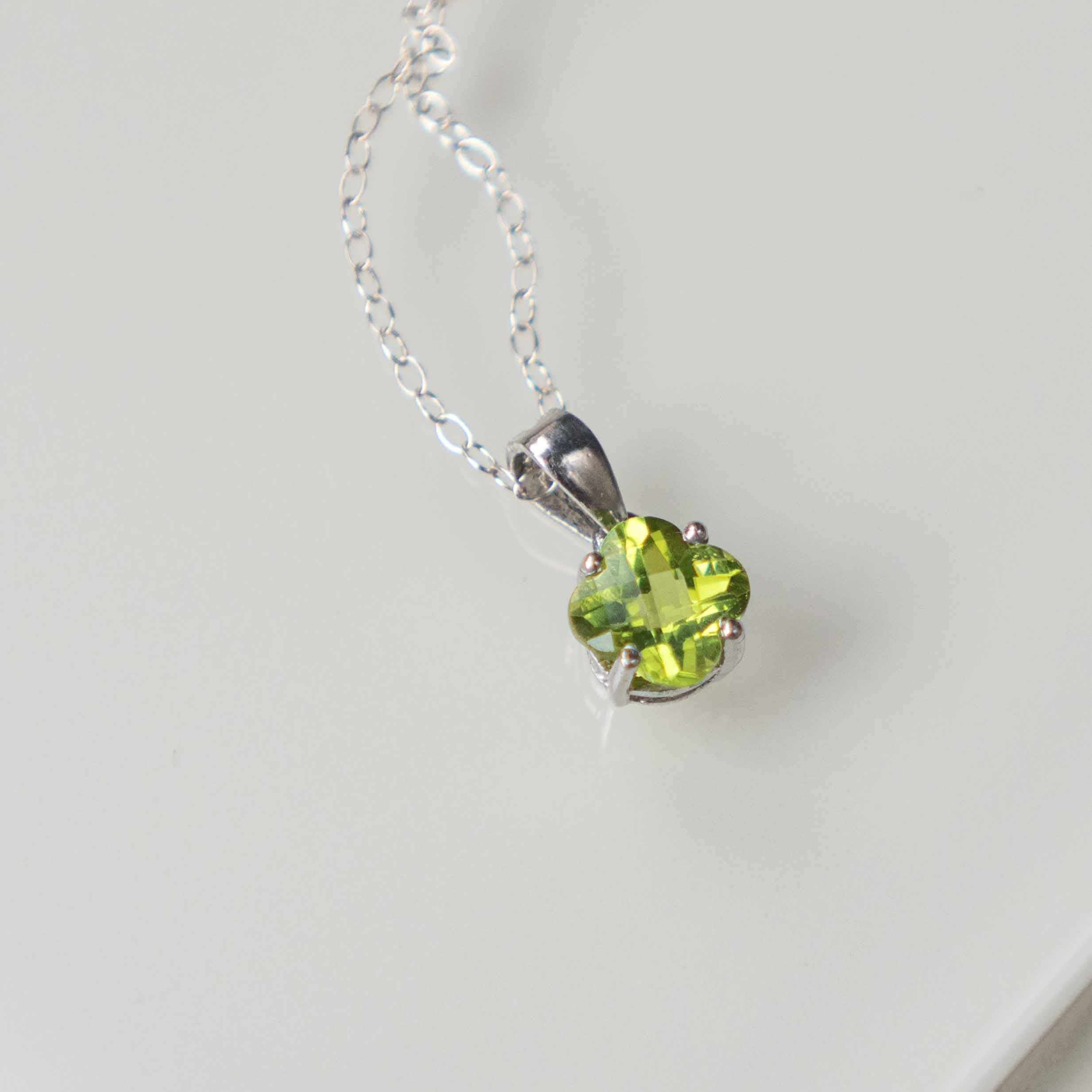 Peridot Necklace Minimalist Clover Gemstone Necklace in Sterling Silver with removable paperclip chain, Good Luck Gift August Birthstone