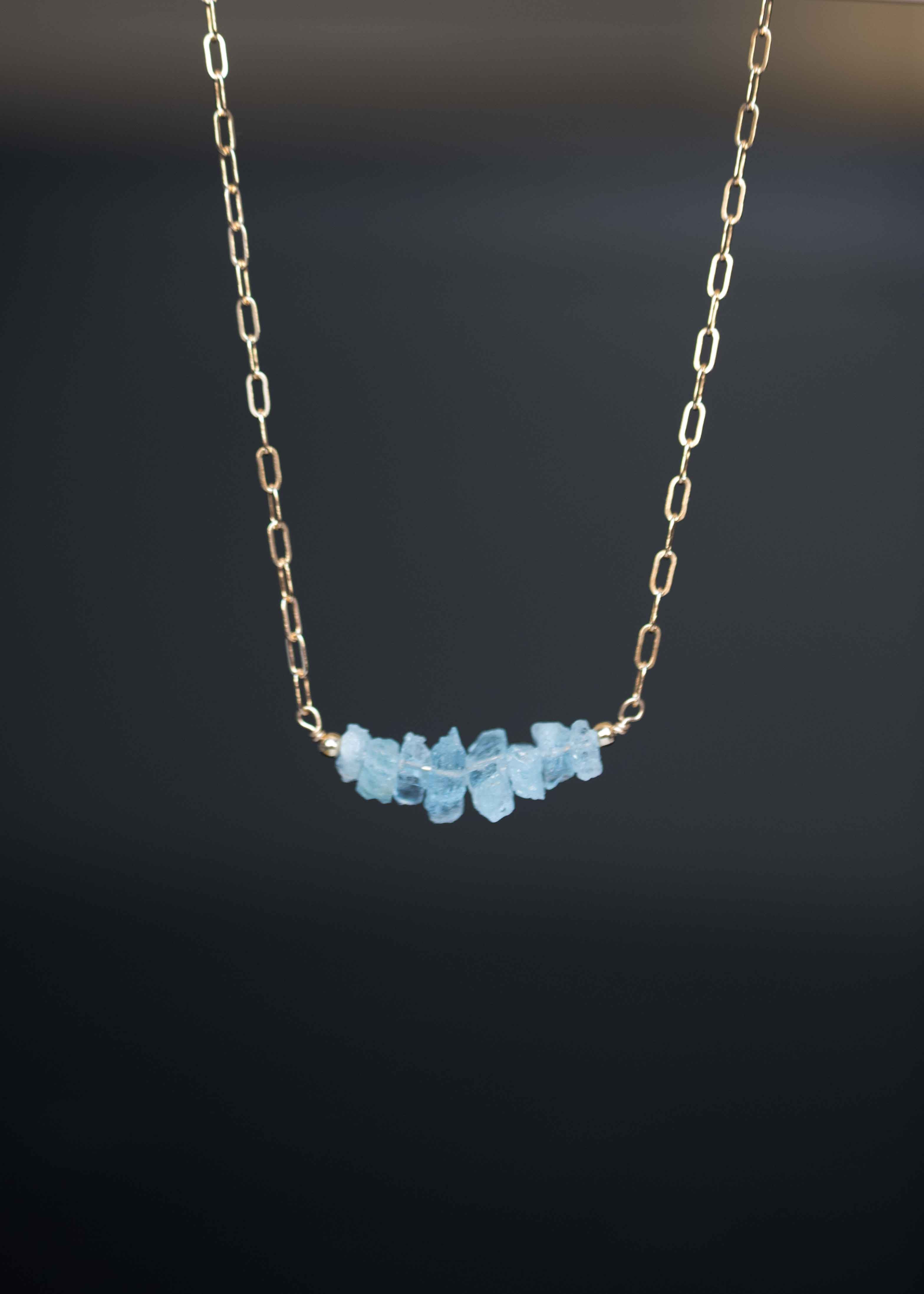 Raw genuine natural aquamarine gold statement necklace
