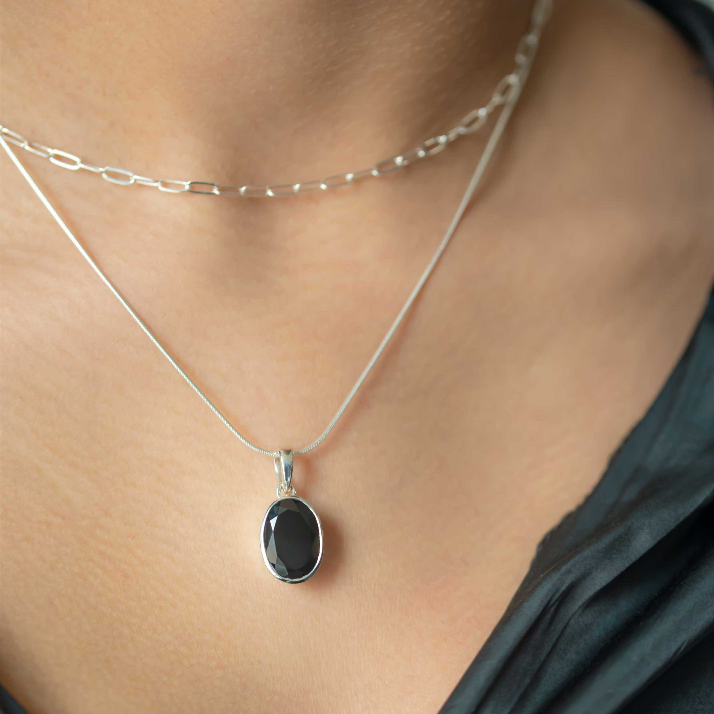 Black Onyx Pendant Necklace oval womens gifts sterling silver