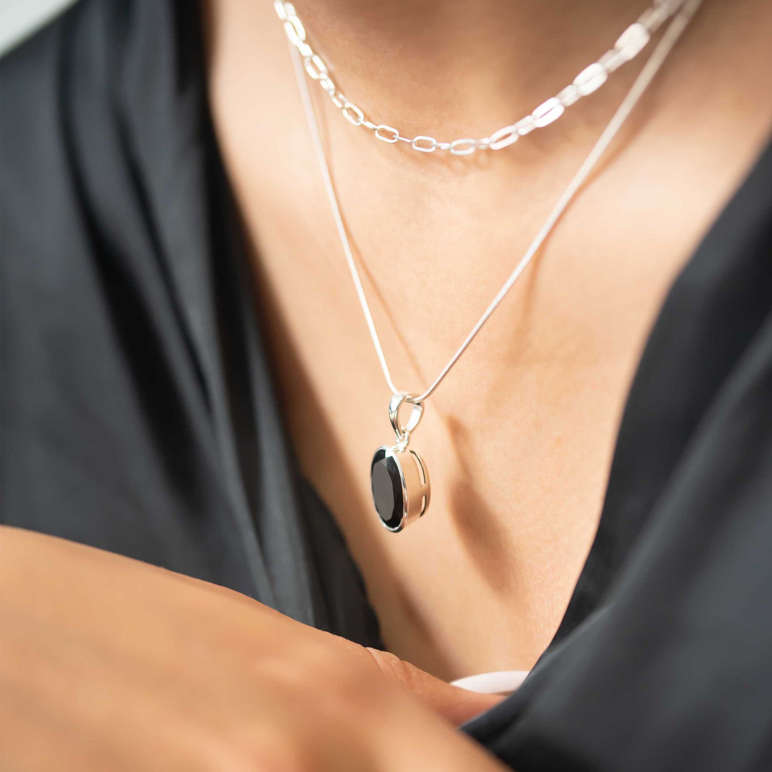 Black Onyx Pendant Necklace oval womens gifts sterling silver