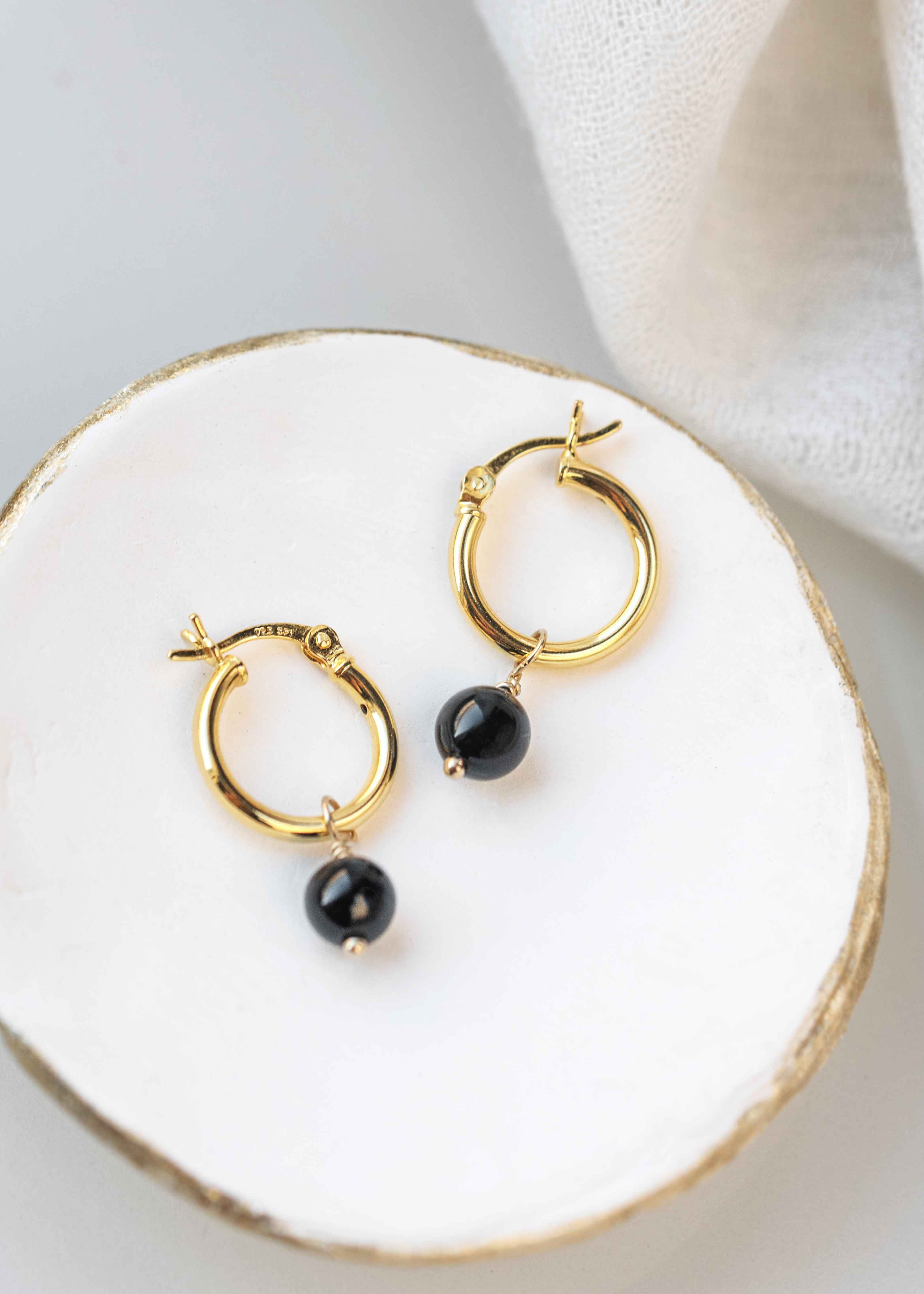 Black onyx hoops gold earrings