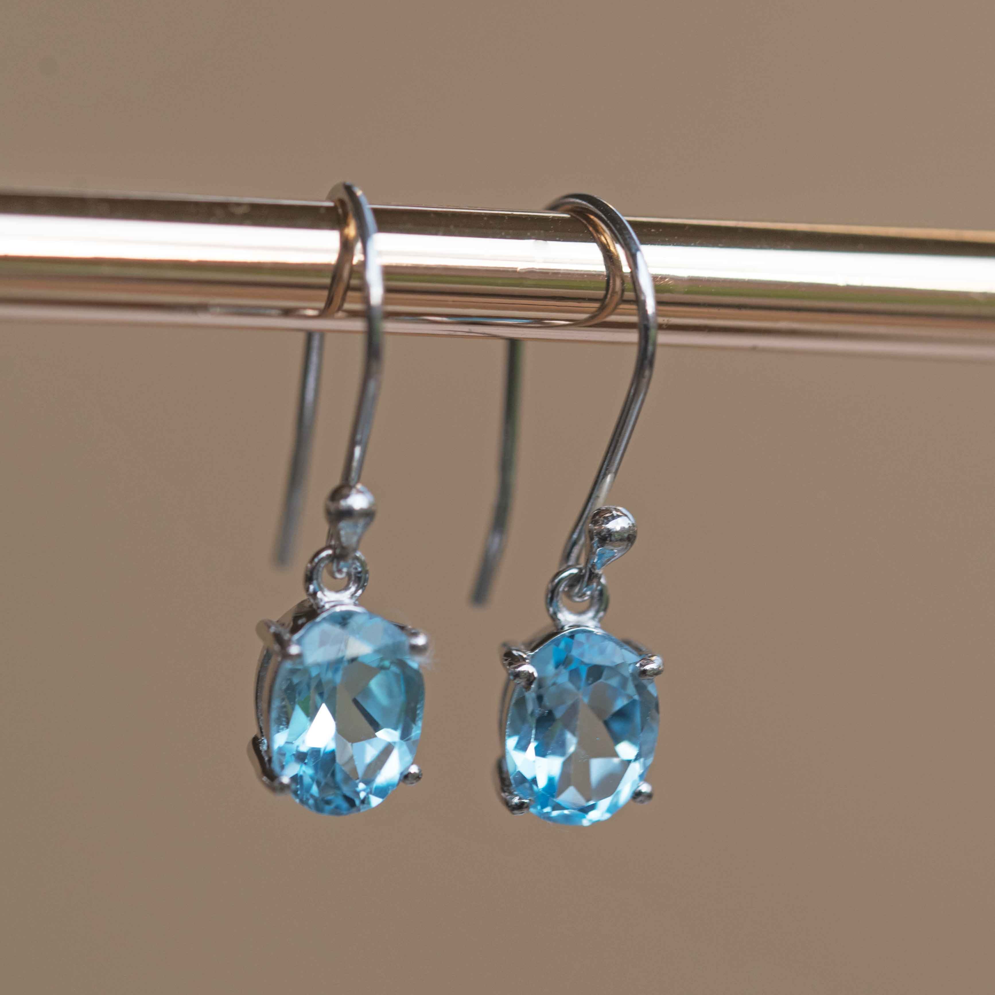 Blue Topaz Gemstone December Birthstone Dangle Earrings Silver