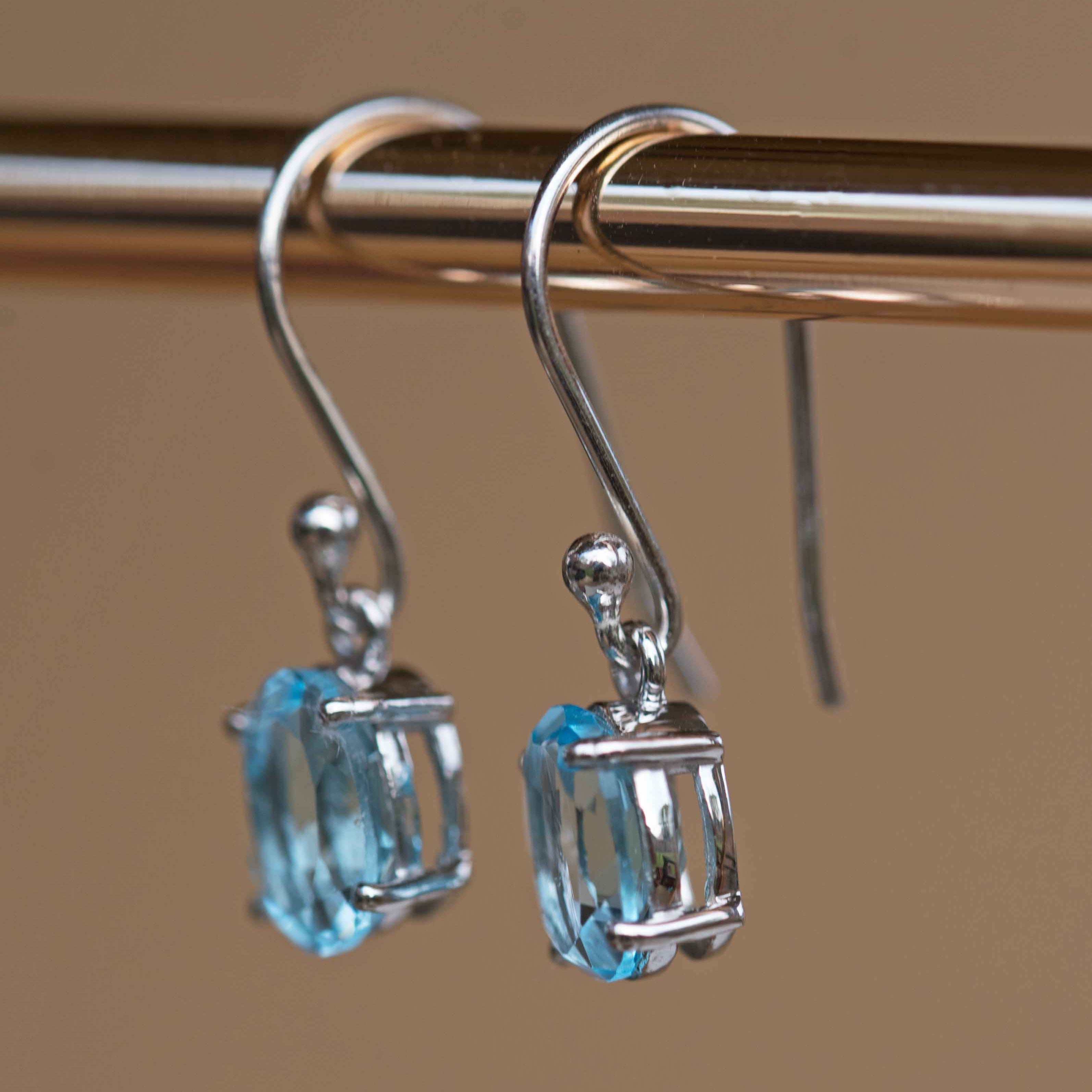 Blue Topaz Gemstone December Birthstone Dangle Earrings Silver