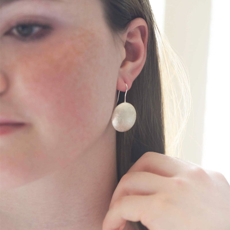 brushed circle earrings, statement earrings, silver earrings