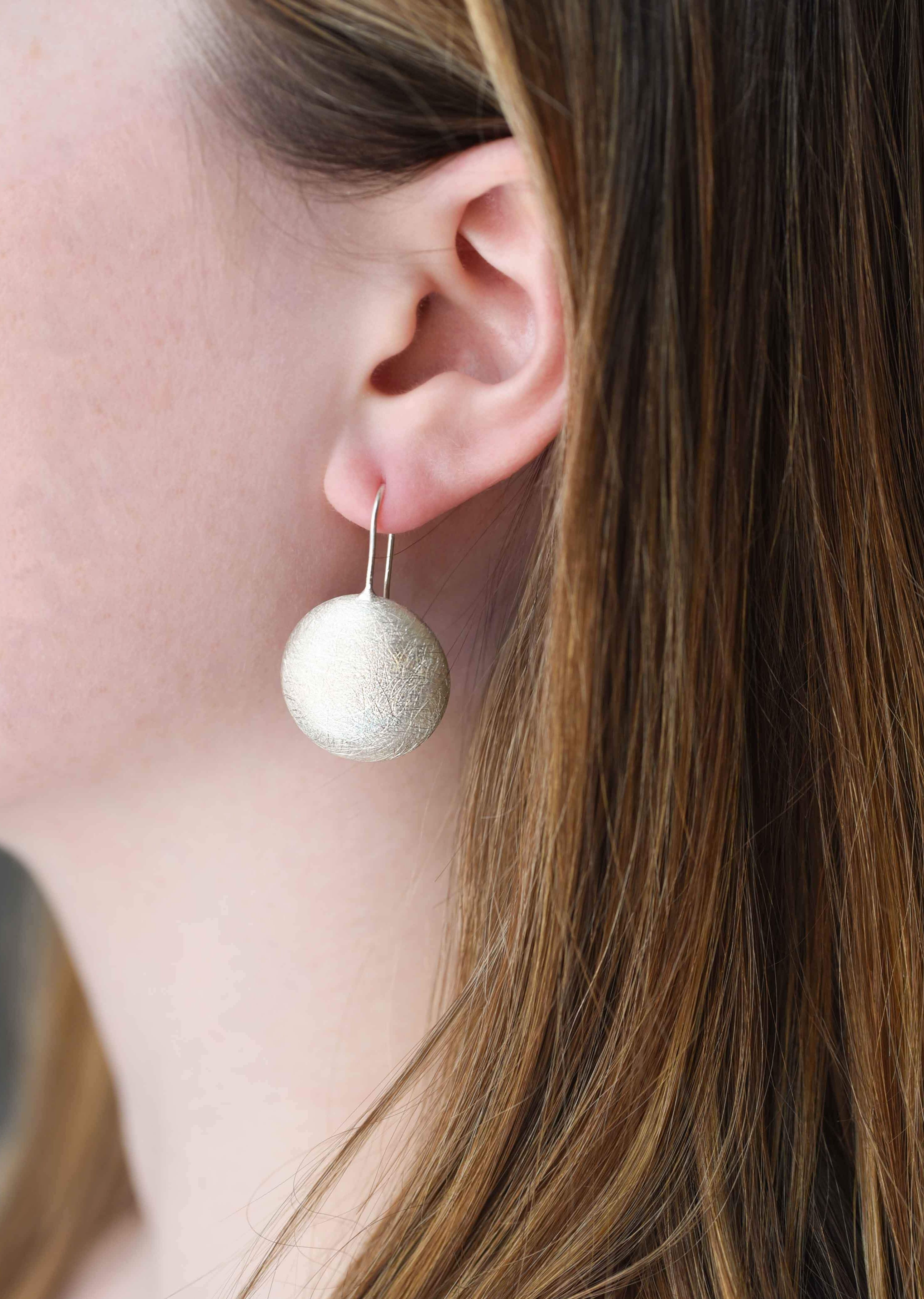 brushed circle earrings, statement earrings, silver earrings