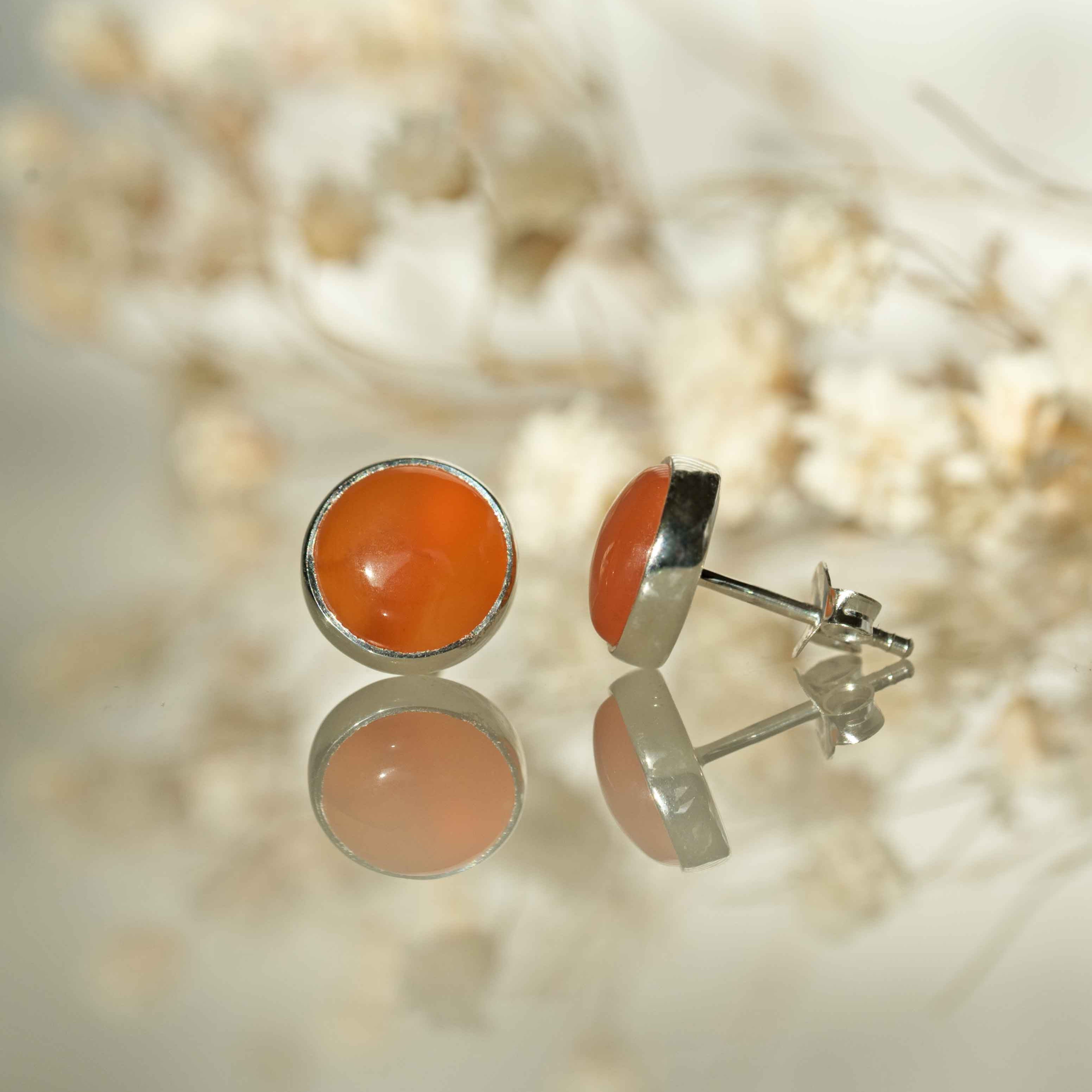 Genuine Real Natural Carnelian Stone Stud Earrings Silver