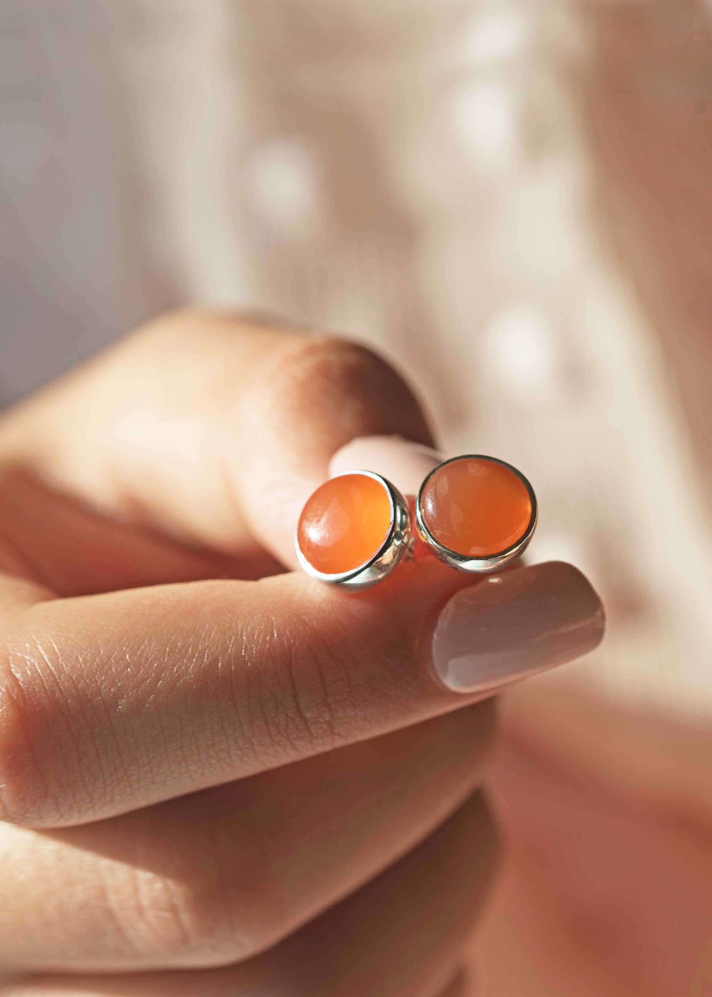 Genuine Real Natural Carnelian Stone Stud Earrings Silver