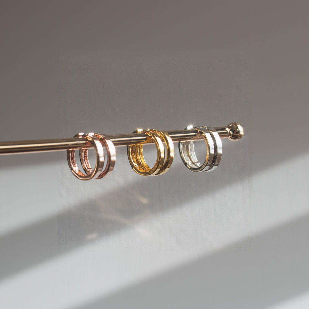 flat hoops all three, medium silver hoops, medium gold plated hoops, medium rose gold hoops moder