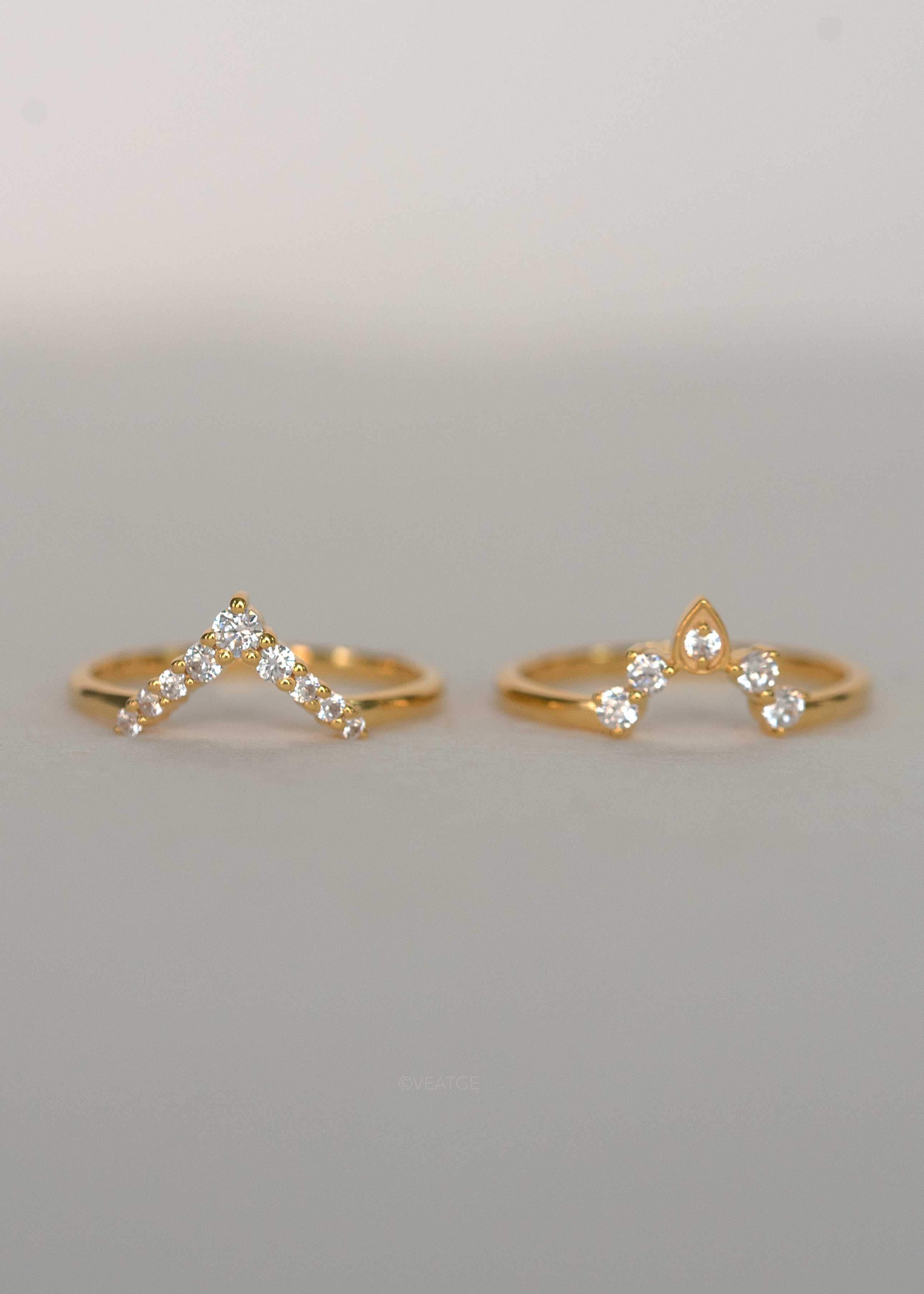 Gold Stacking Ring Set, Curved Rings, V rings in sterling silver diamonds