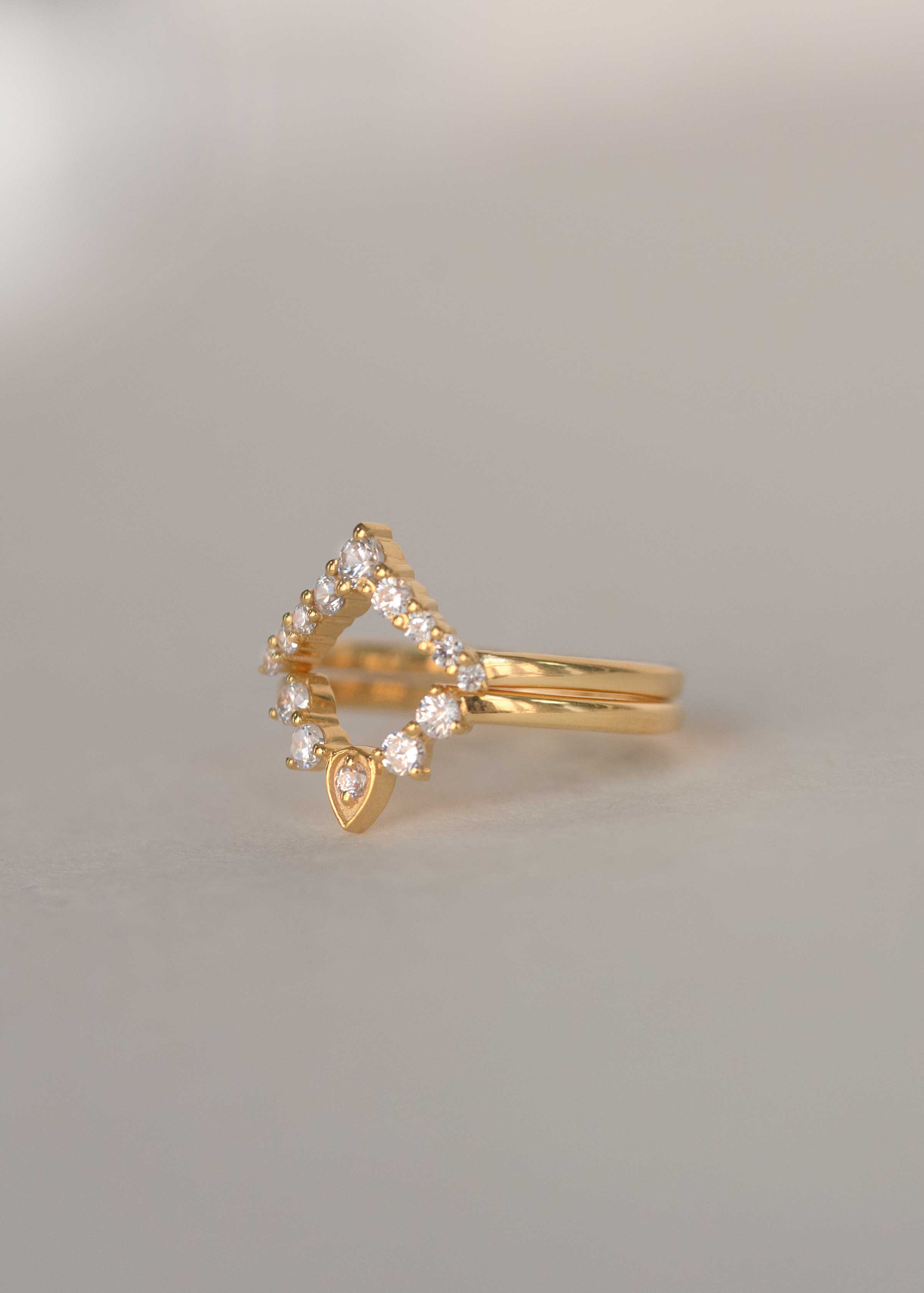Gold Stacking Ring Set, Curved Rings, V rings in sterling silver diamonds