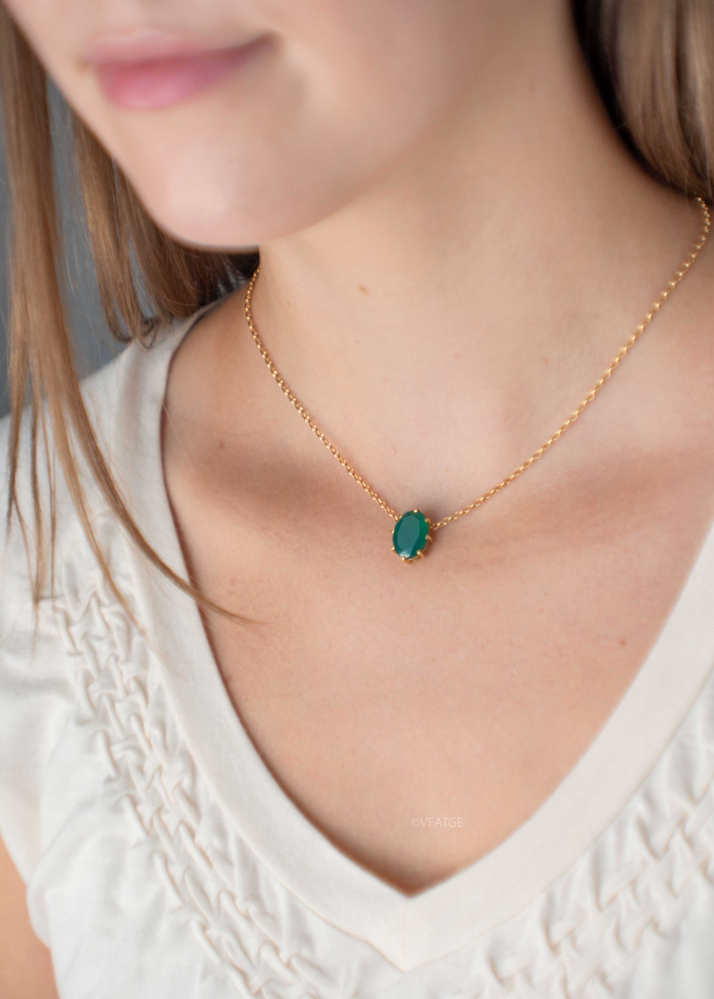 Green Onyx Gold Necklace Choker Emerald Gift for Women Girls