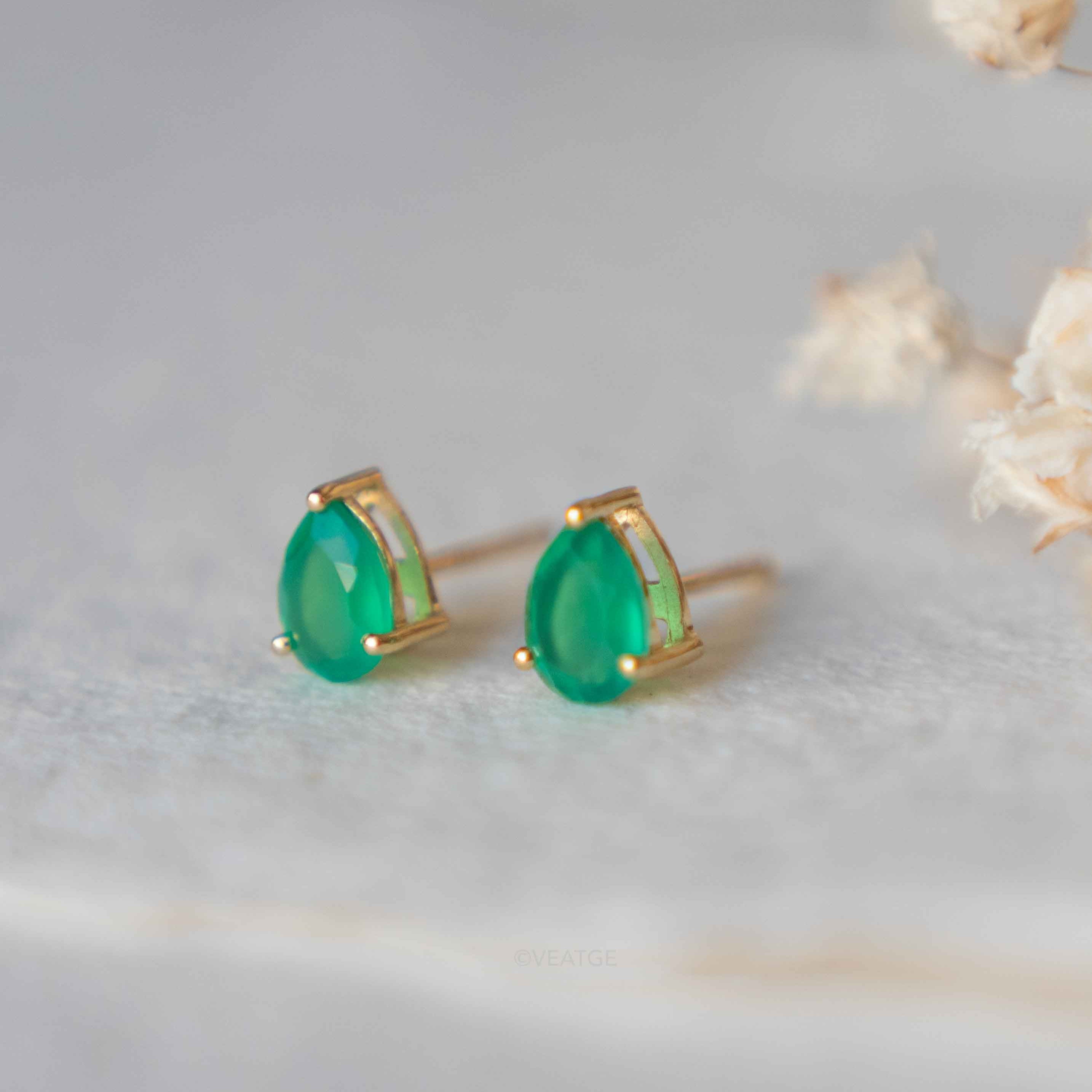 Green Onyx Pear Stud Earrings Gift for Girls May birthstone Gift for Women Gifts for Mom
