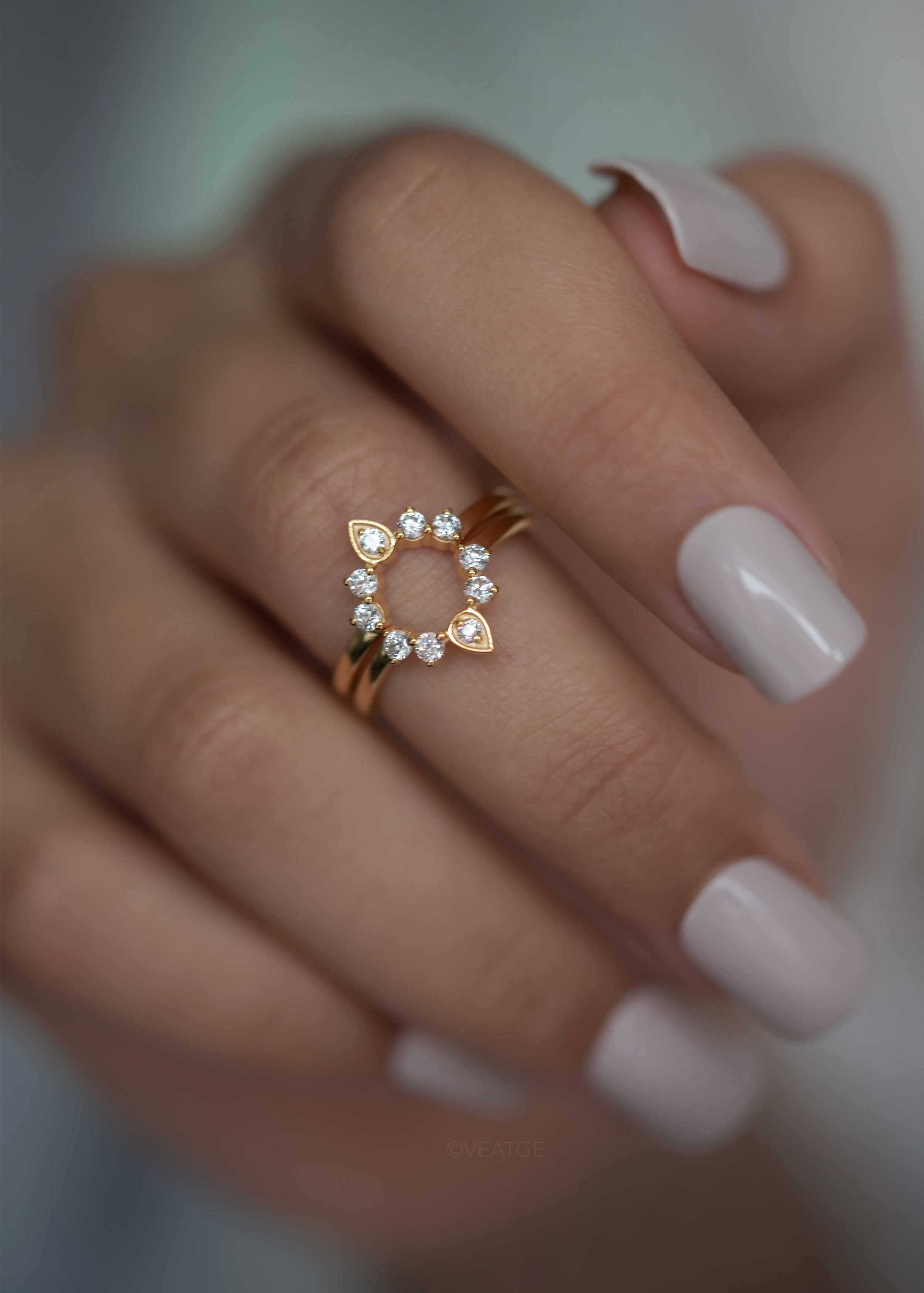 Hana Gold Stacking Ring, Chevron V Curved Ring with gemstone